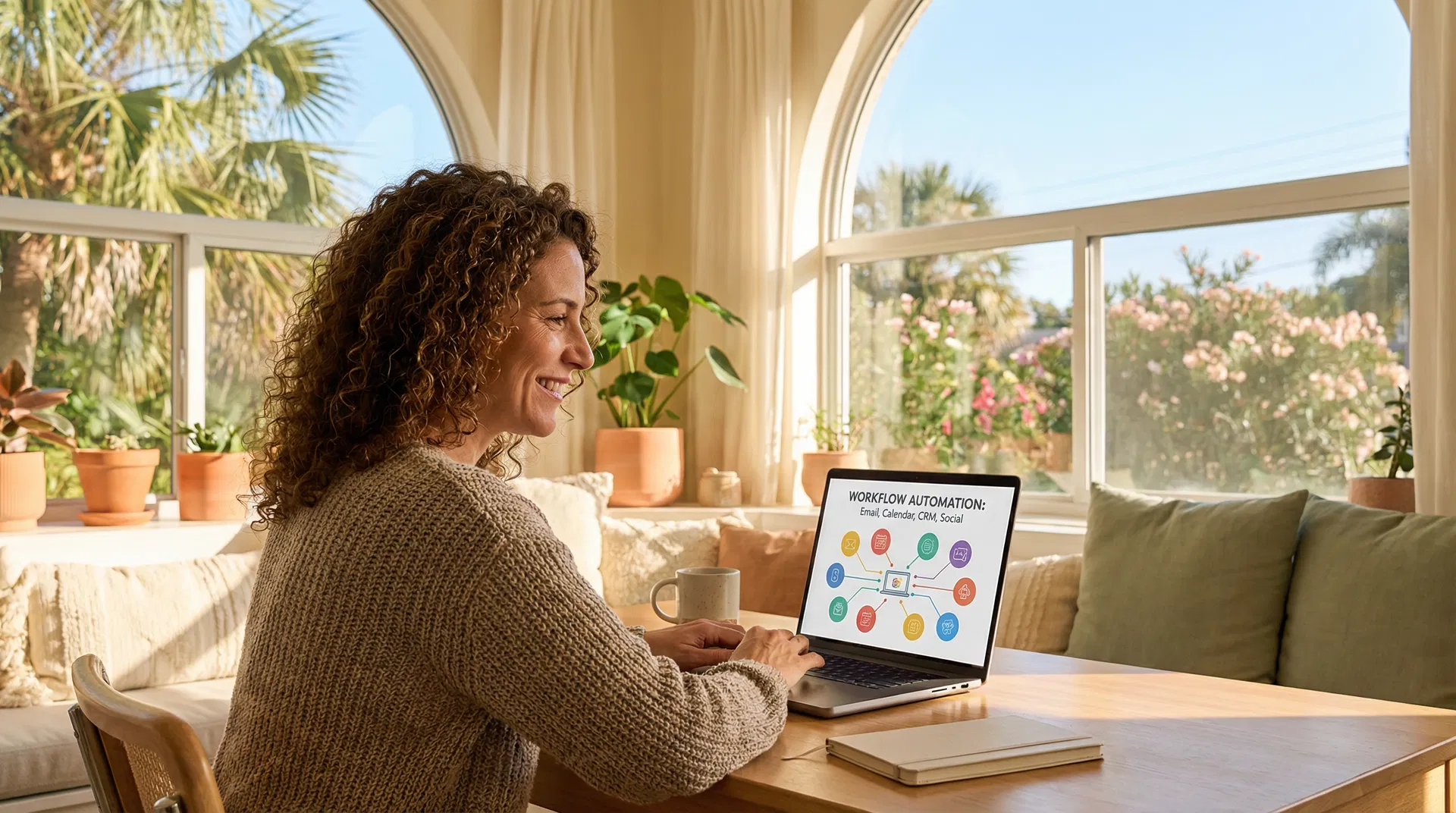 Small business owner using AI automation tools in a modern Sarasota office to streamline marketing workflows