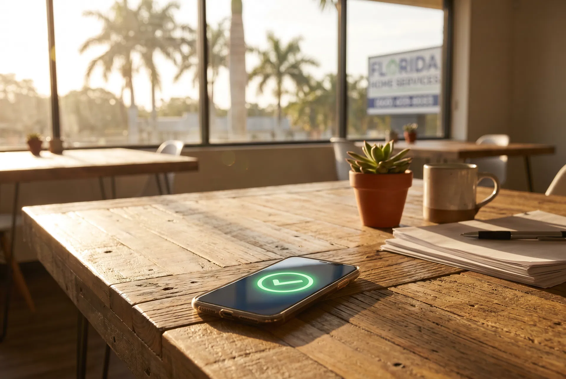 Smartphone on a rustic wooden desk showing a green checkmark notification, warm Florida afternoon sunlight streaming through the window