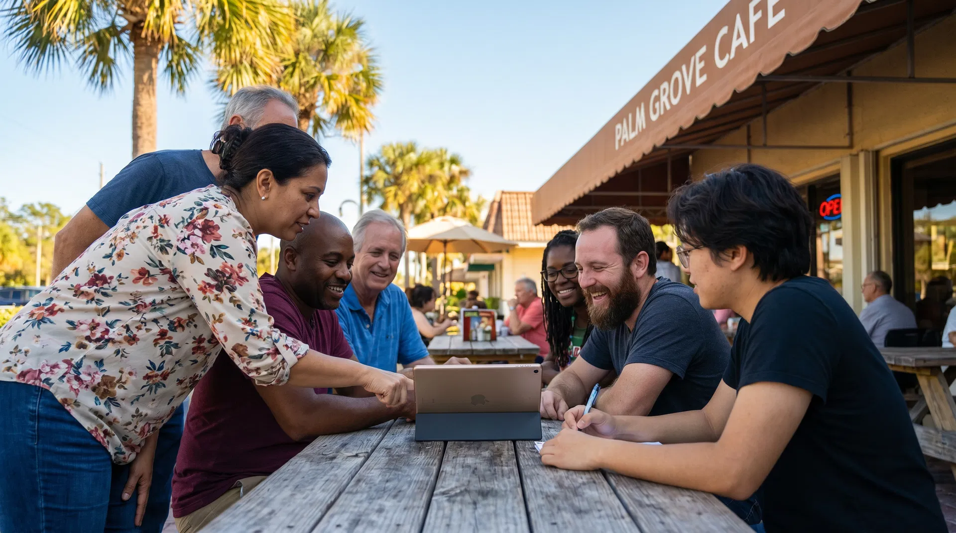 Candid documentary photograph of a diverse group of small business owners at a marketing workshop, reviewing AI marketing strategy on laptops and tablets
