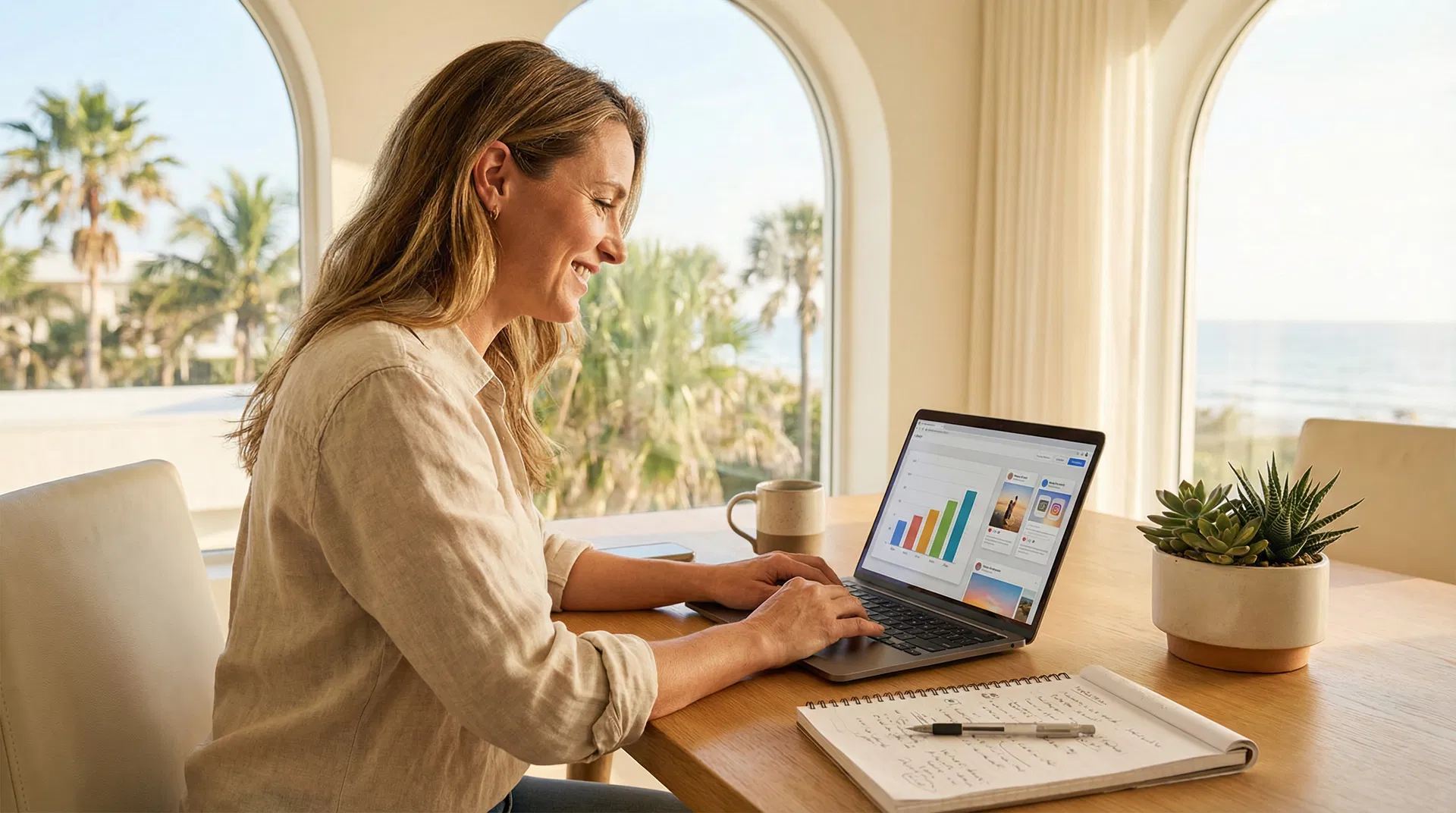 Sarasota small business owner reviewing AI marketing results on a laptop in a bright Florida workspace