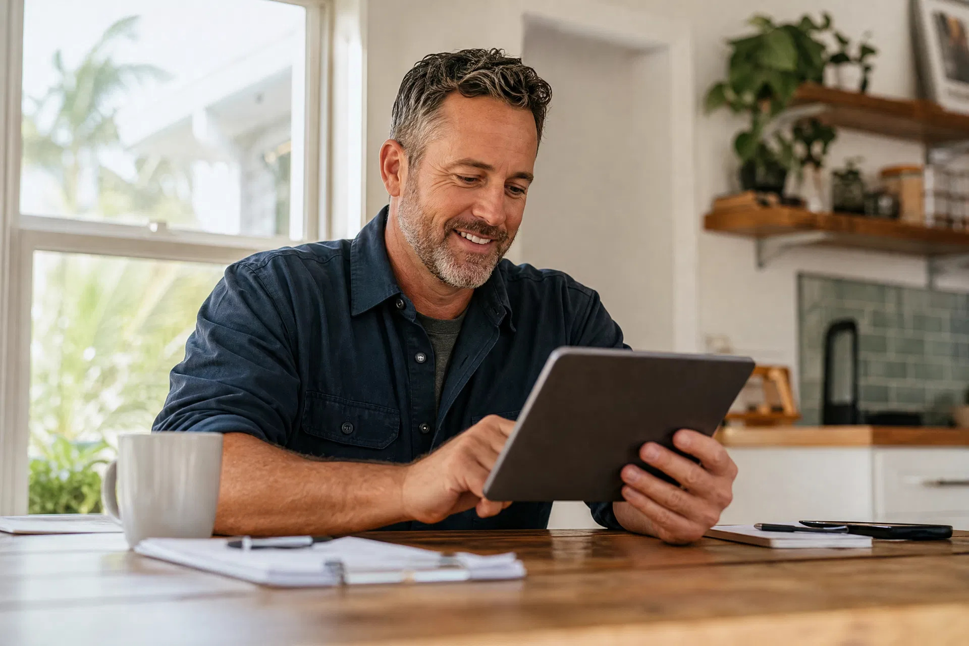 Sarasota service business owner reviewing AI automation dashboard on laptop in a bright office
