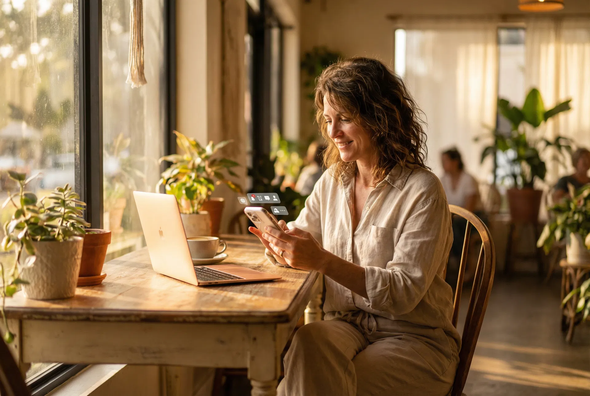 Sarasota small business owner checking automated lead follow-up notifications on smartphone in sunny Florida cafe