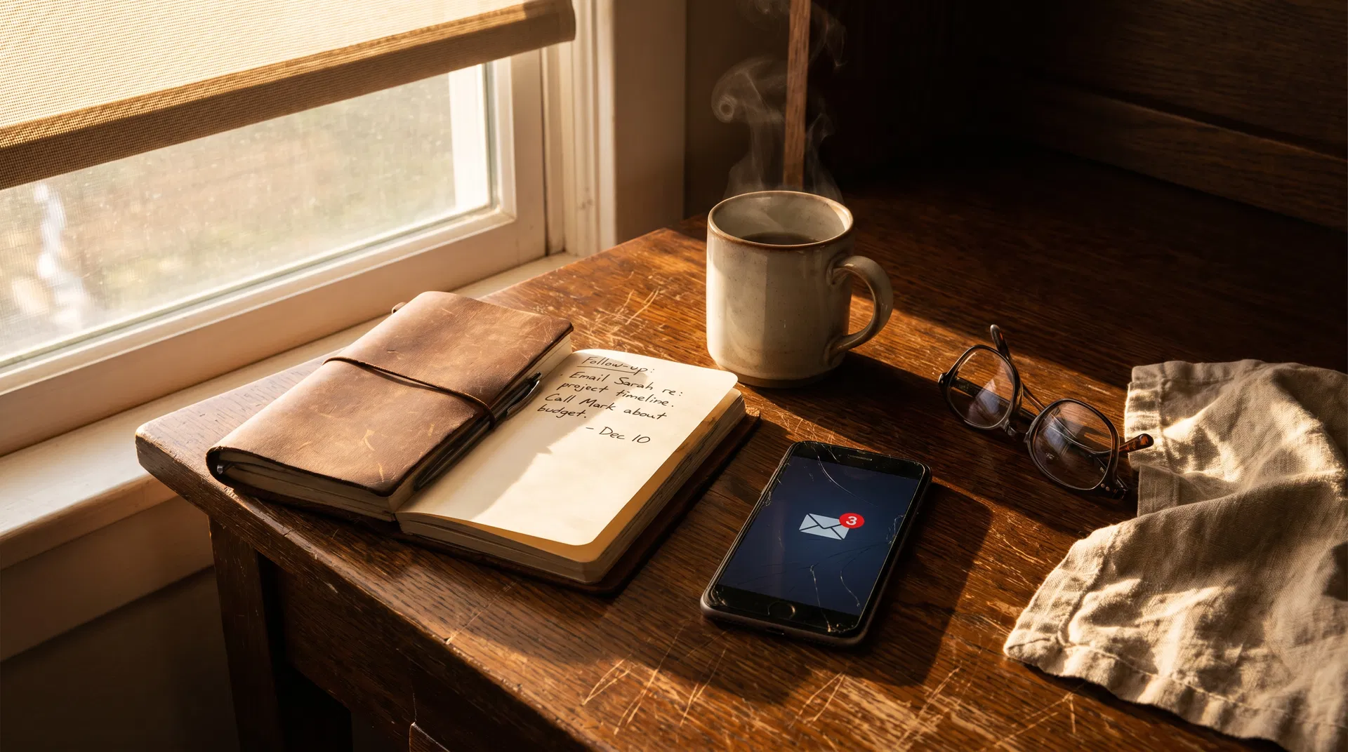 Still life product photograph of a modern desk setup with a smartphone showing automation notifications, a notebook, and a coffee cup in warm afternoon light