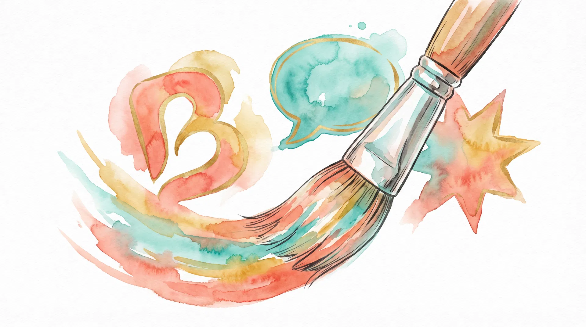Watercolor illustration of brand identity elements including color swatches, typography samples, and logo sketches on a textured paper background