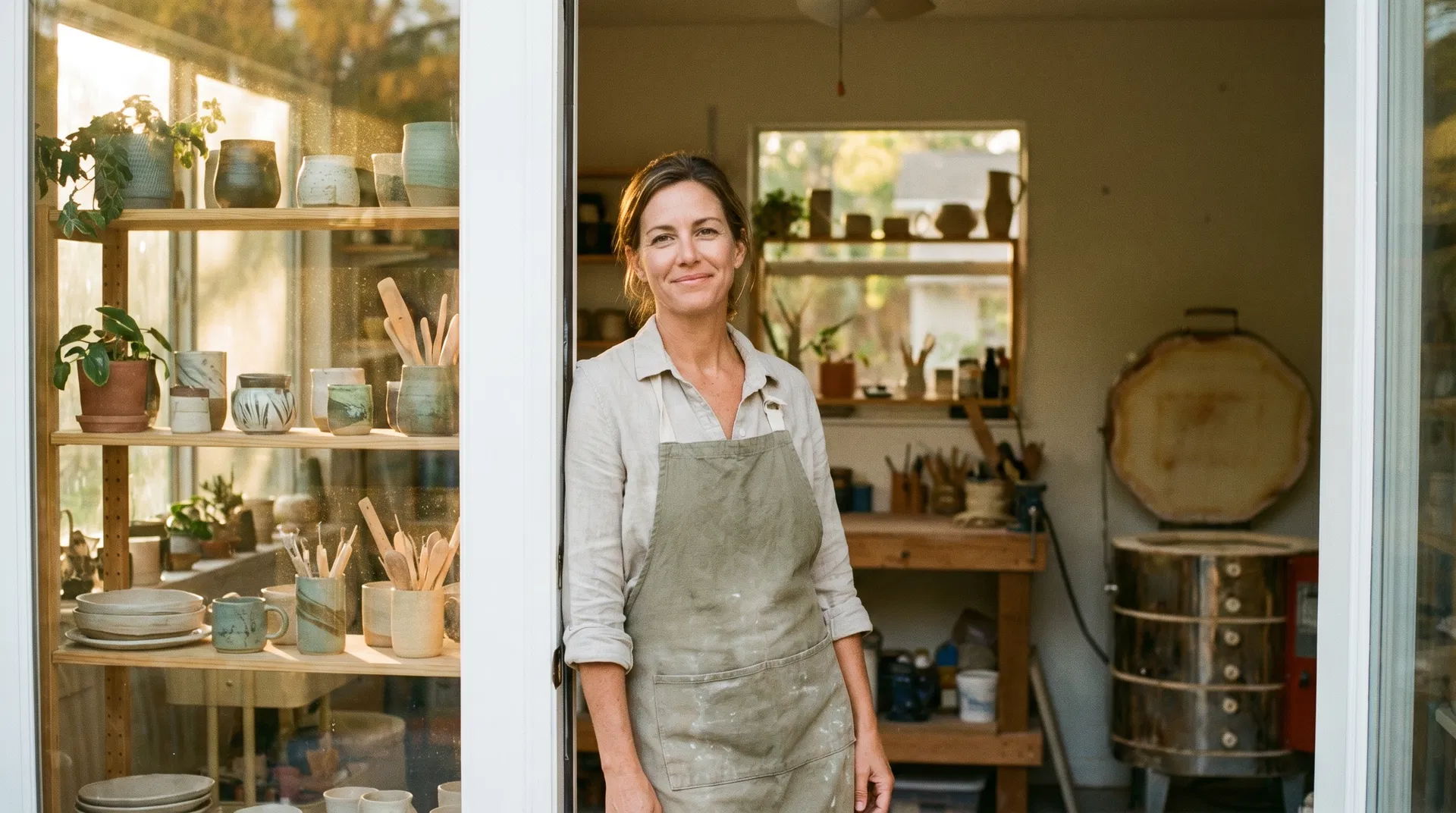 A Sarasota small business owner standing in the doorway of her handcraft studio, warm golden light, authentic and grounded