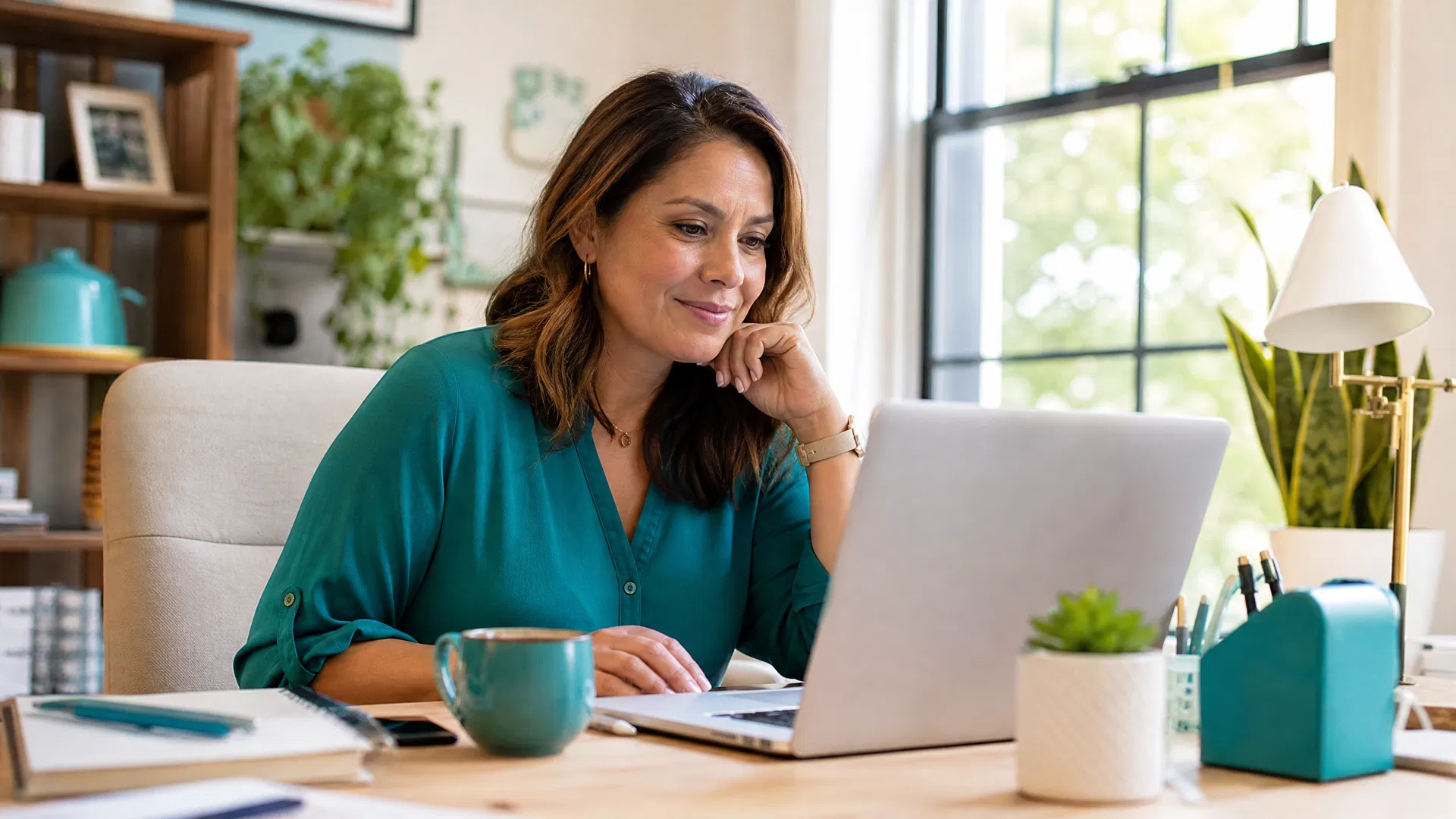 Sarasota business owner reviewing AI search results on laptop in a bright modern office