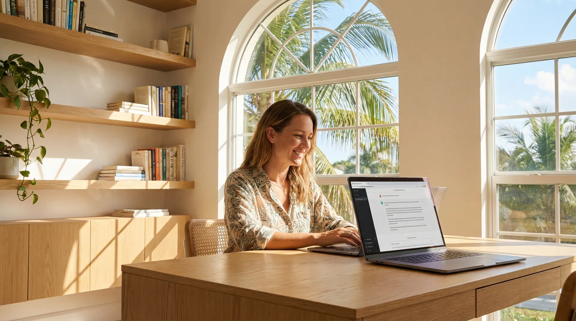 Sarasota business owner reviewing ChatGPT recommendations on a laptop in a bright Florida home