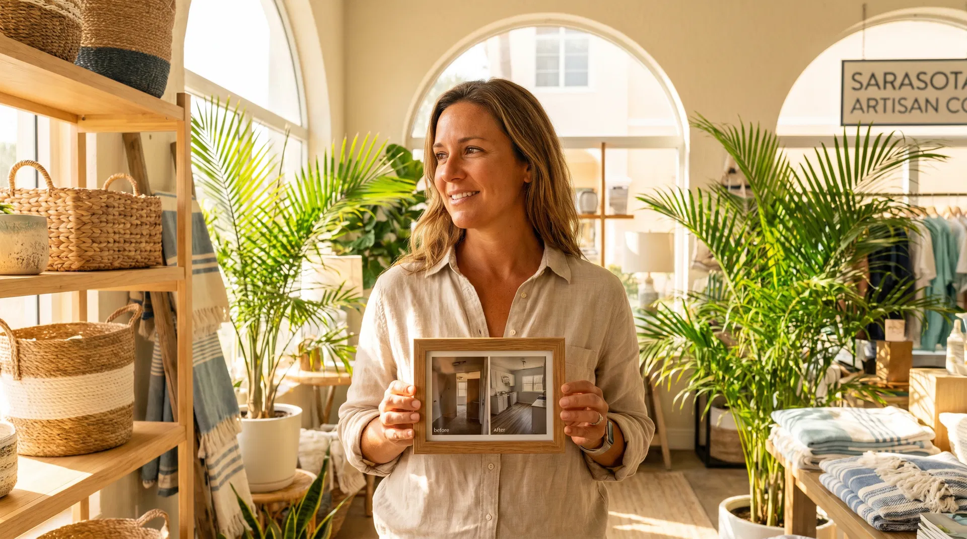 A Sarasota small business owner standing in her sun-drenched boutique holding a framed before-and-after photo of her work, surrounded by lush tropical plants and warm coastal decor