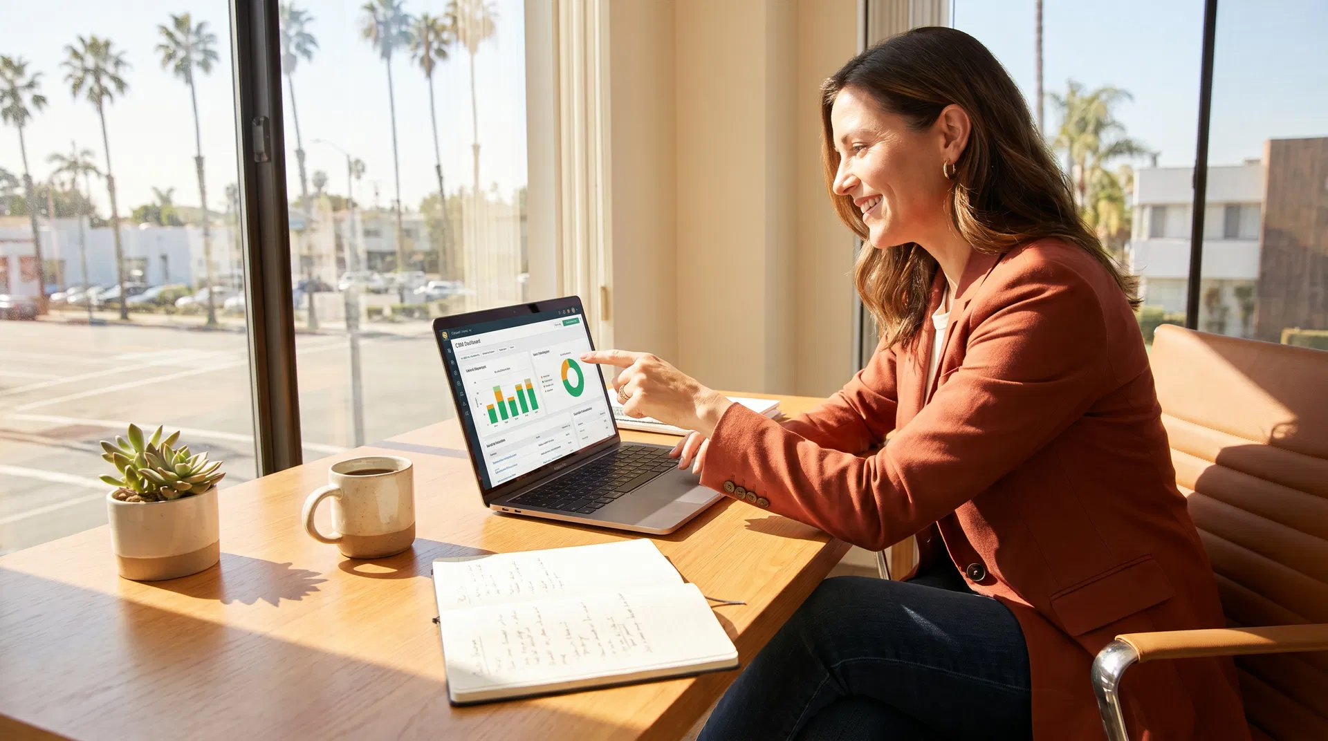 Small business owner reviewing CRM dashboard on laptop in a sunlit Sarasota office