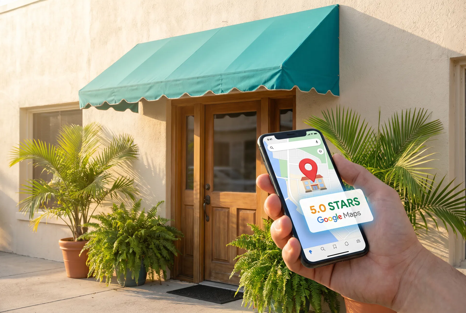 A hand holding a smartphone displaying a Google Maps interface with a red location pin and 5-star rating, in front of a charming Sarasota small business storefront with a teal awning and tropical plants