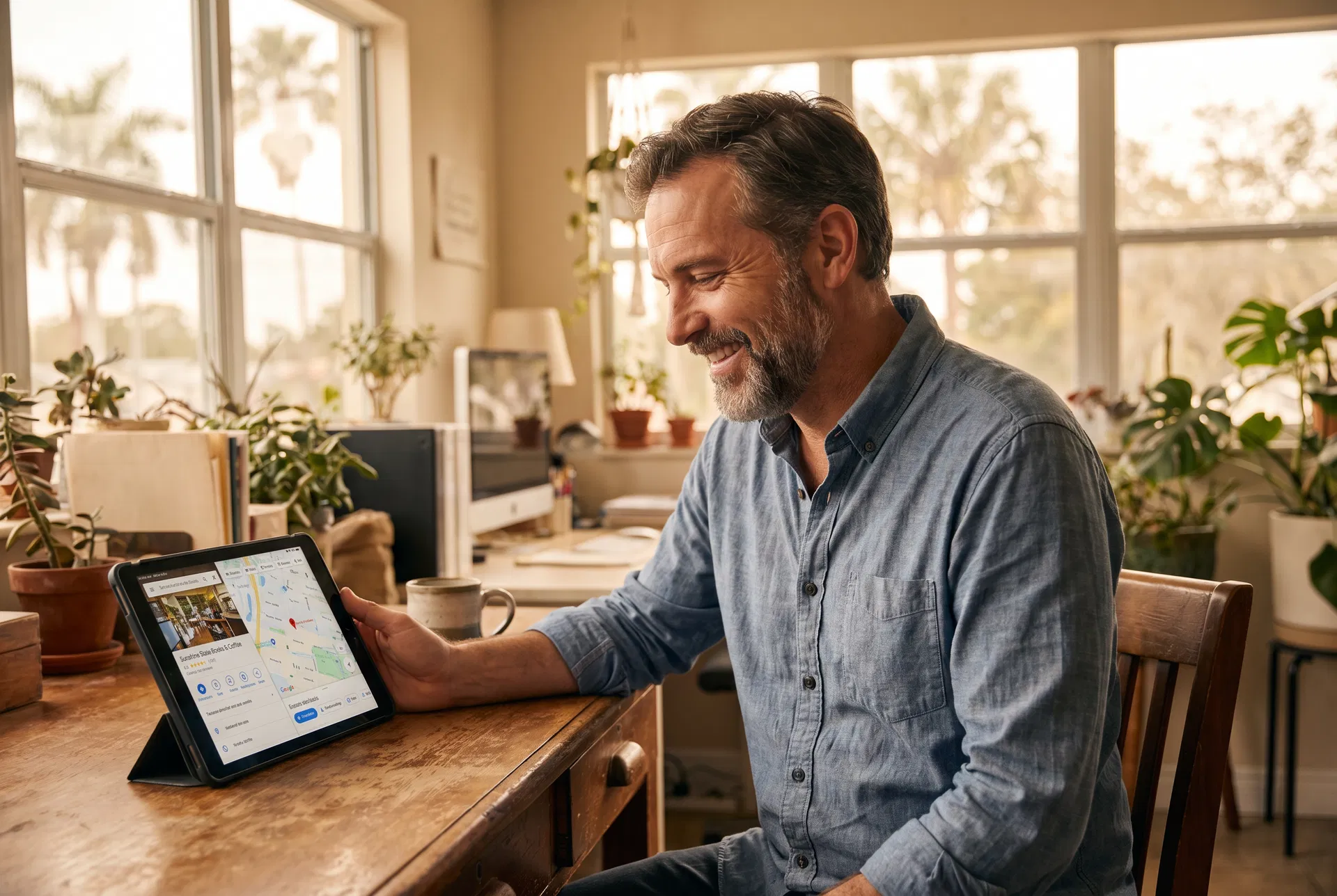 Marketing professional reviewing Google Business Profile analytics on a laptop in a bright Sarasota office