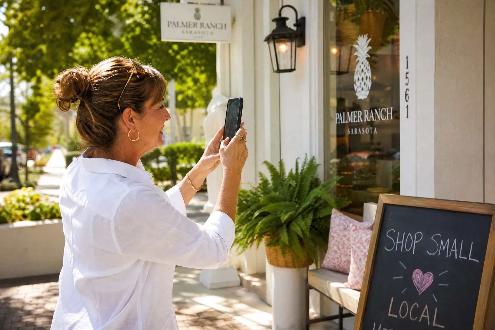 A Sarasota business owner photographing her storefront exterior with a smartphone on a sunny day