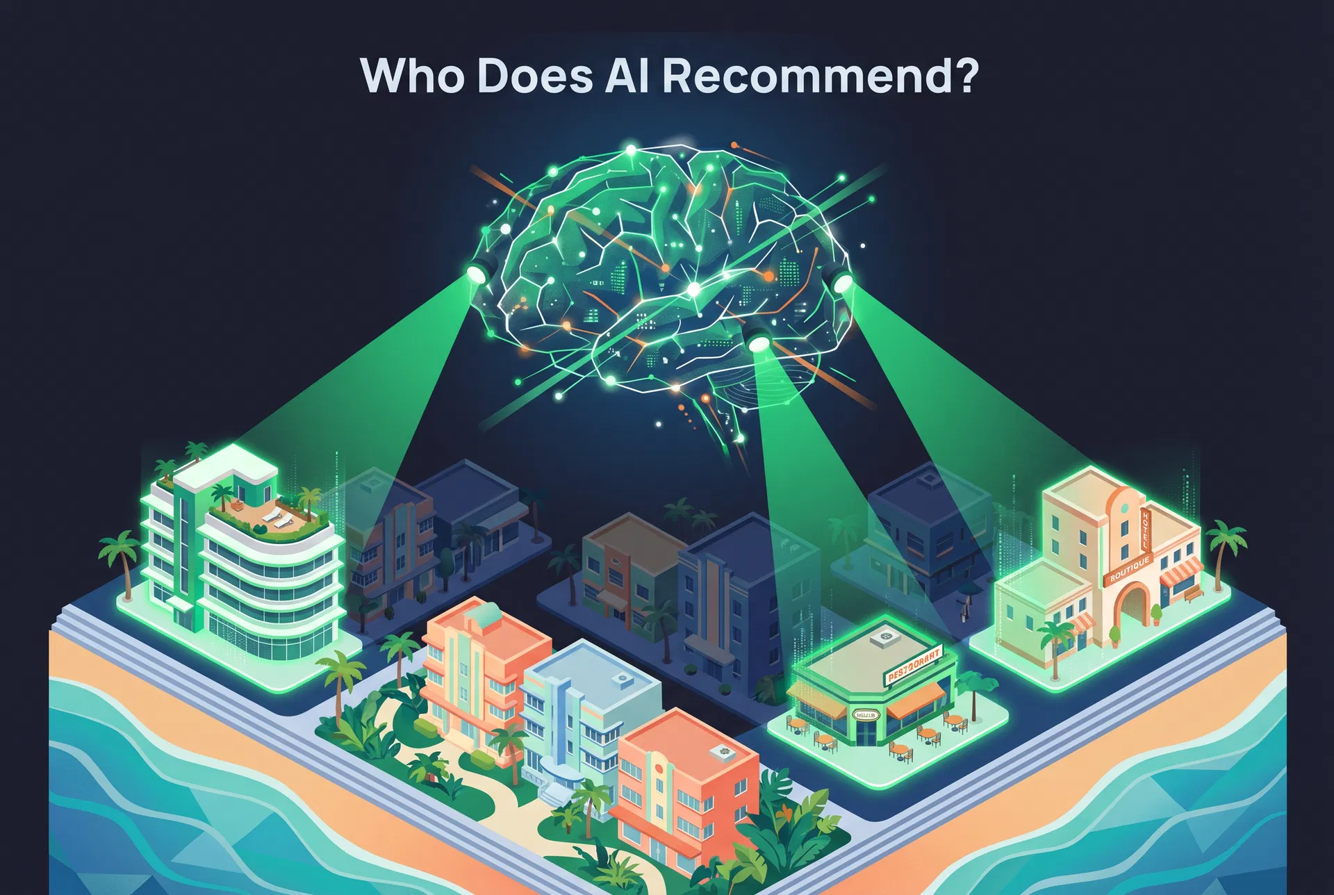 Isometric illustration of a Florida coastal city with an AI brain floating above, beaming green spotlights onto specific local businesses representing AI search recommendations