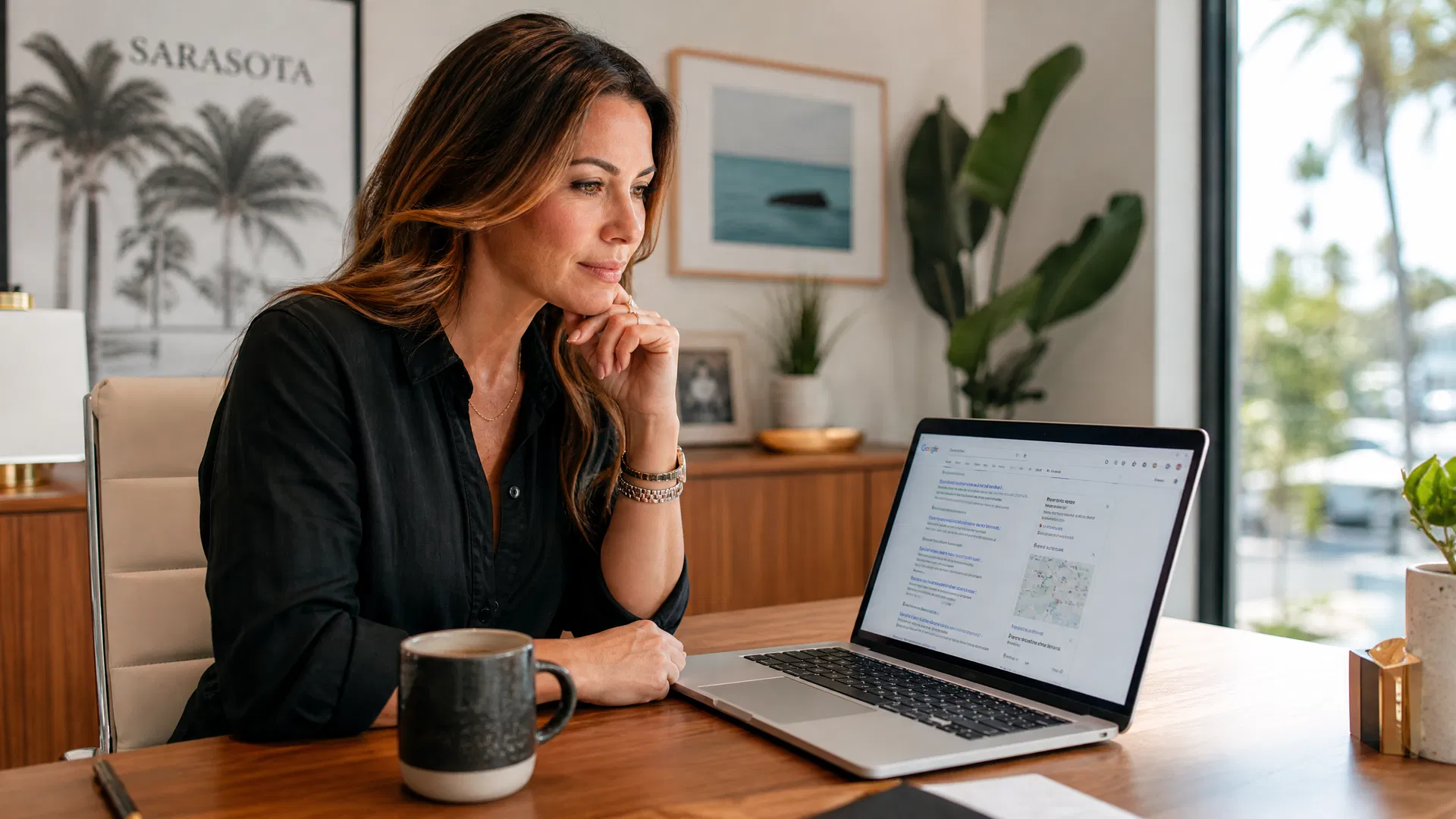 Sarasota business owner reviewing Google AI Mode search results on a laptop in a bright modern office