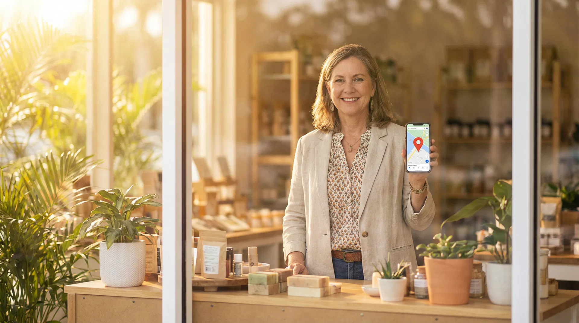 Sarasota business owner using Google Maps on a smartphone in a bright Florida setting