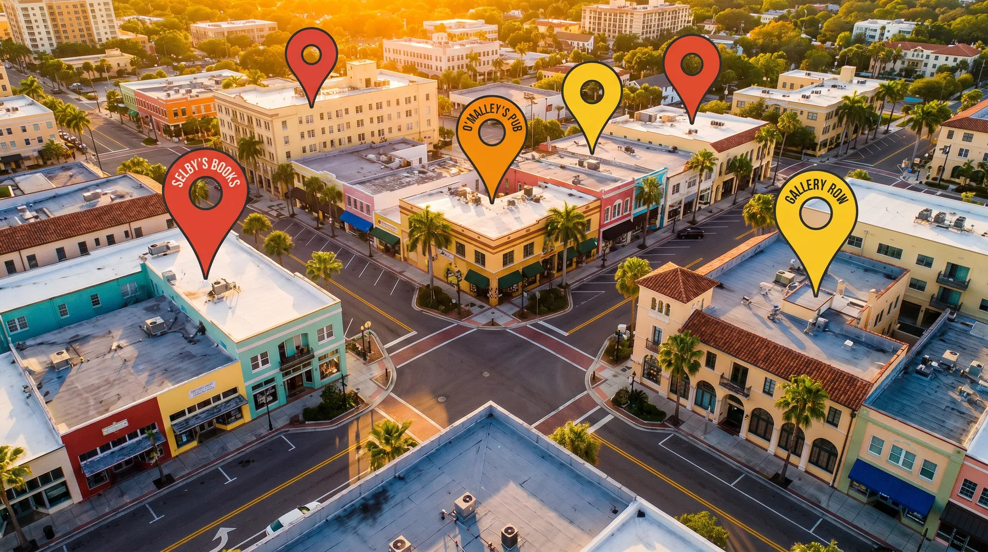 Aerial drone view of a sunny coastal Florida city with Google Maps pin overlay, representing local SEO and Google Maps ranking for Sarasota businesses