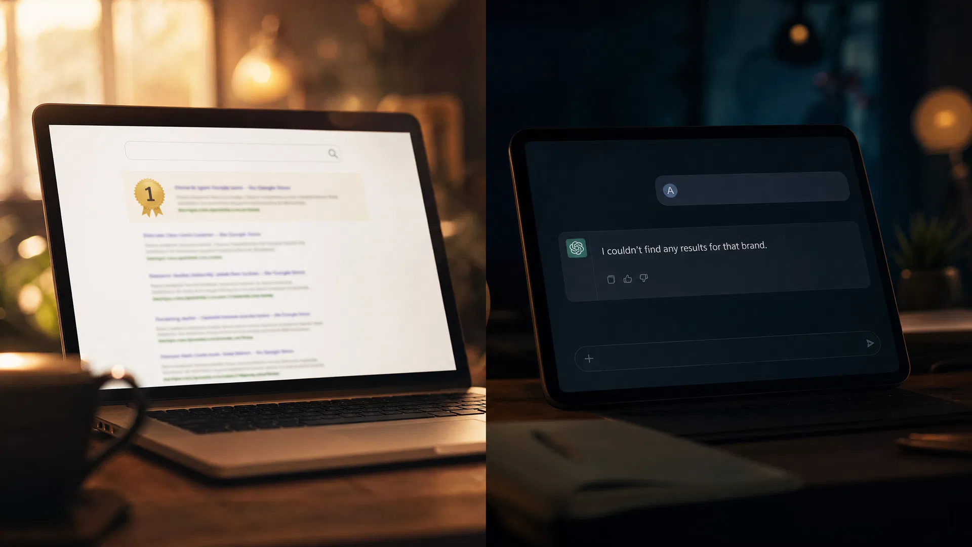 Split-screen showing a laptop with a Google number one ranking next to a tablet with an AI chat interface showing no results for the same brand