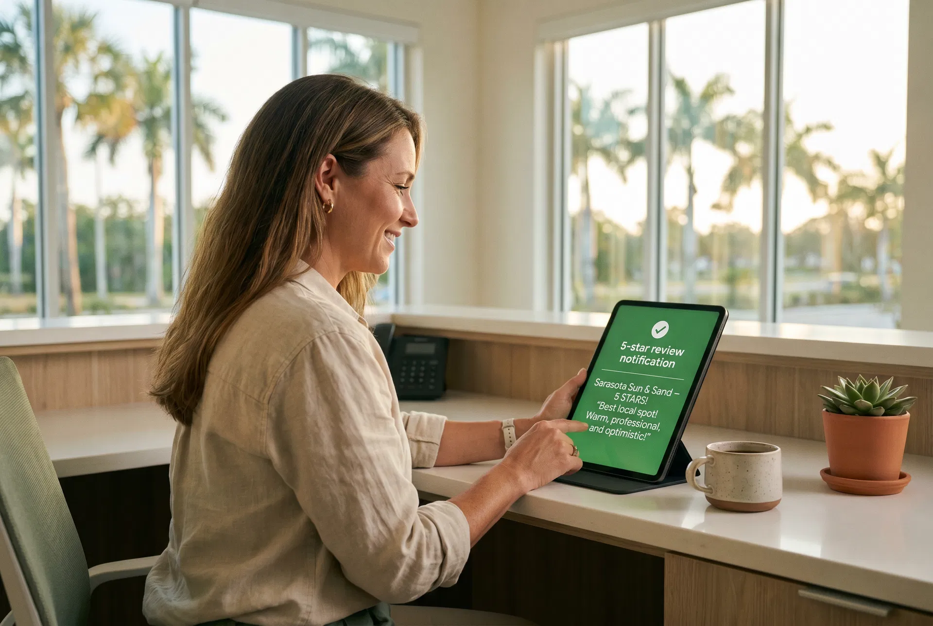 Sarasota business owner smiling at a 5-star Google review notification on a tablet in a bright Florida office with palm trees visible through large windows