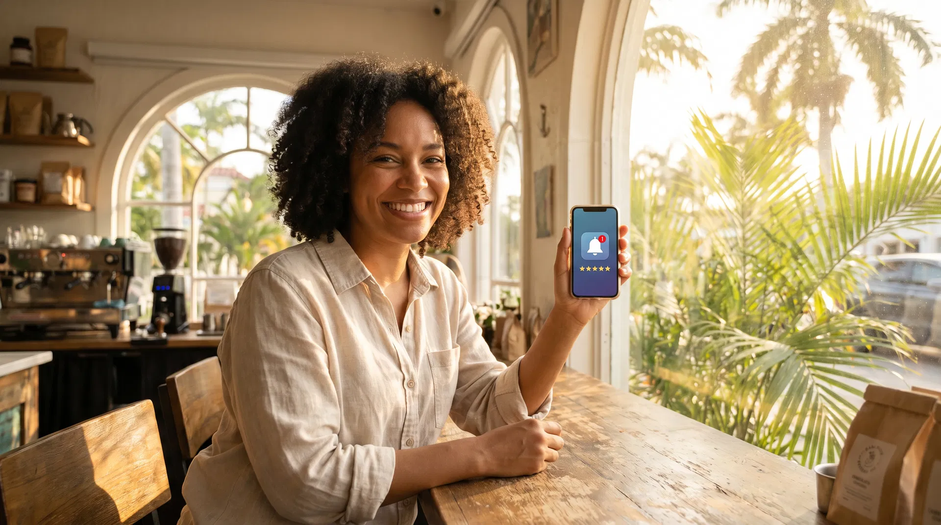 Sarasota business owner reviewing Google review strategy on a smartphone, warm natural light