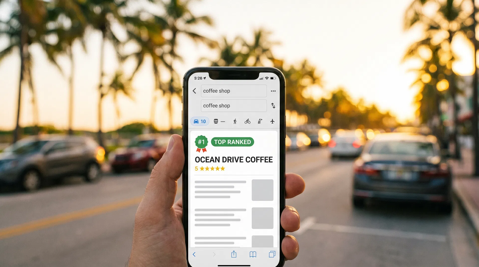 Close-up product photograph of a hand holding a smartphone displaying Google Maps local search results with a top-3 map pack, warm natural light background