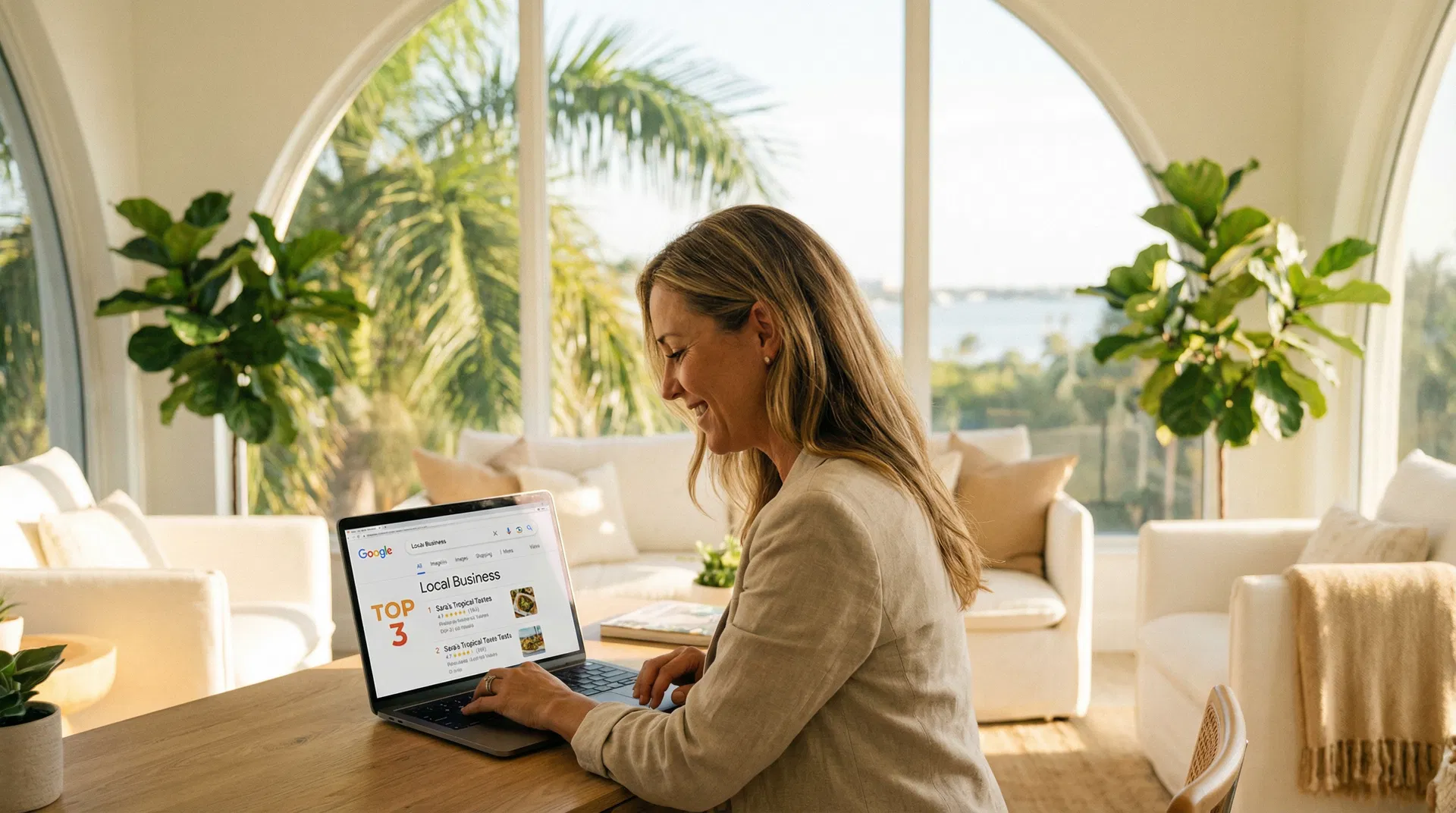 Small business owner reviewing Google Maps ranking on laptop in a bright Sarasota office