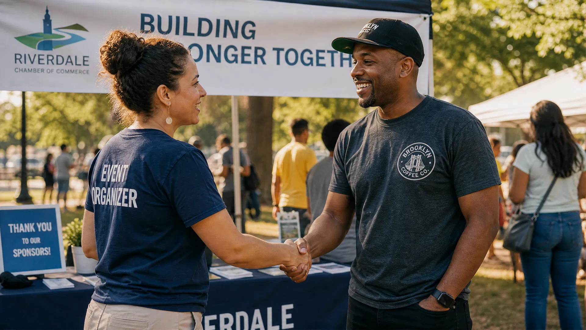 Local business owner shaking hands with a community event organizer at an outdoor event with a chamber of commerce banner in the background