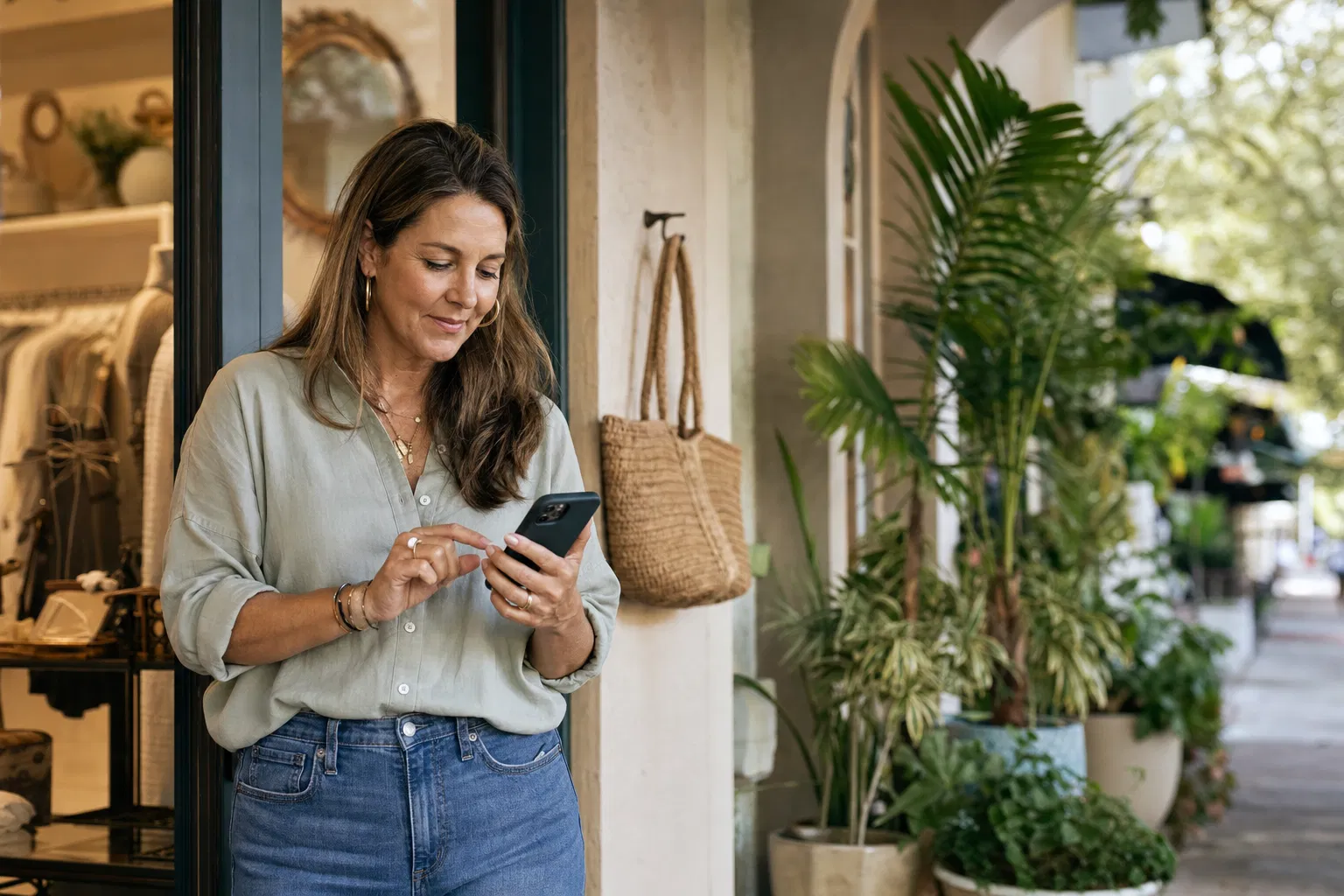 Sarasota business owner checking her phone outside her shop, staying consistent with her marketing
