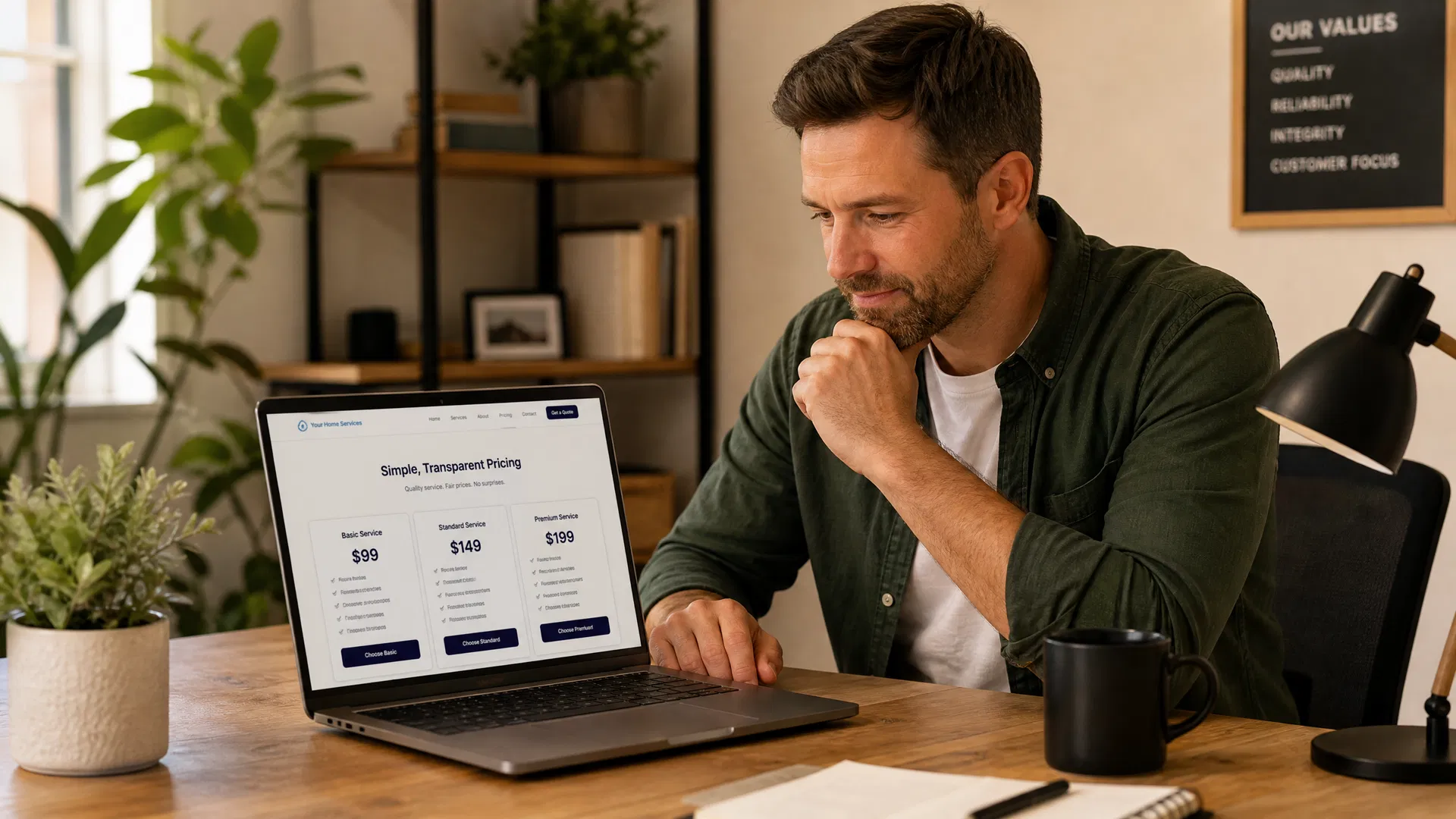 Local service business owner reviewing a pricing page on a laptop at a clean modern desk with plants and warm lighting
