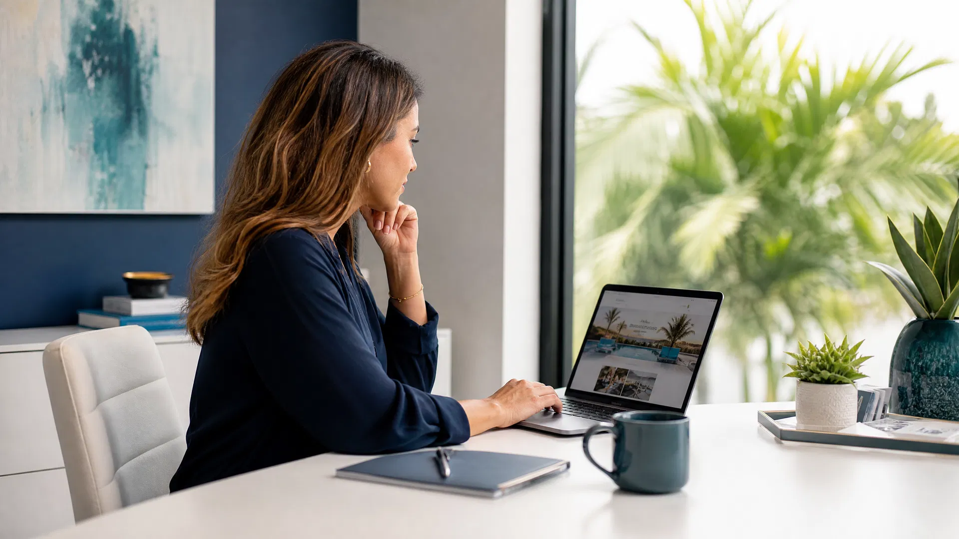 Marketing professional reviewing a service page on a laptop in a sunlit Sarasota office with palm trees visible through the window
