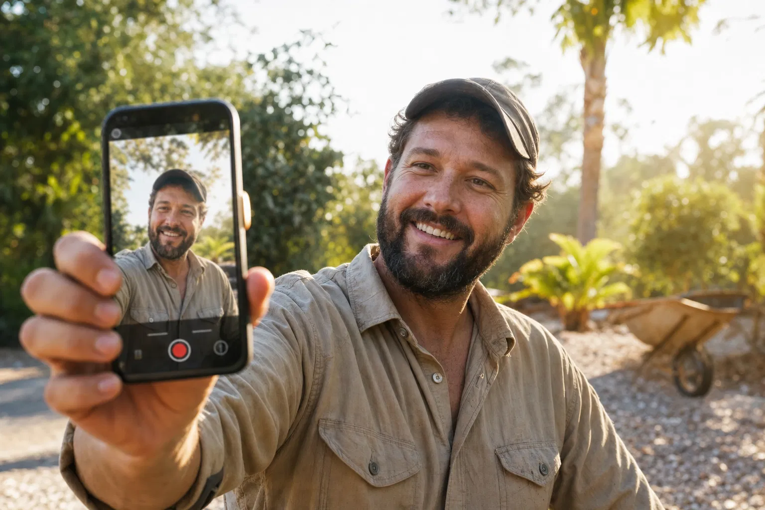 Sarasota landscaper filming a short-form video on his smartphone at a job site in golden hour light