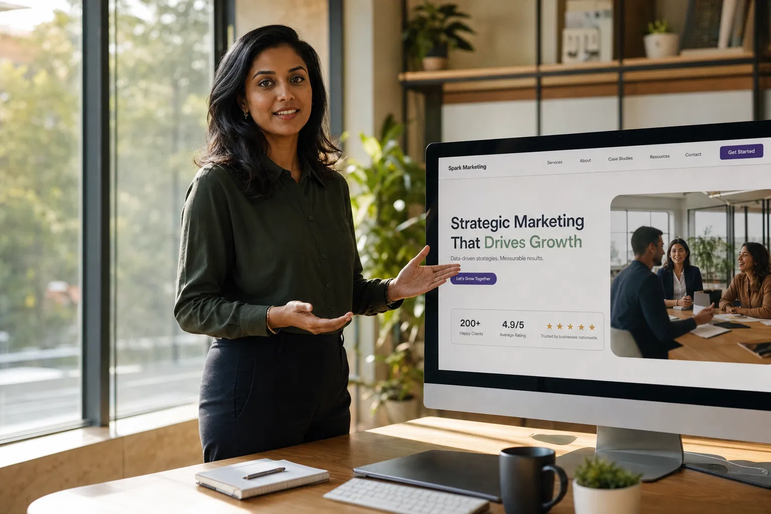 Marketing professional presenting a modern business website on a large monitor in a bright airy office with natural light
