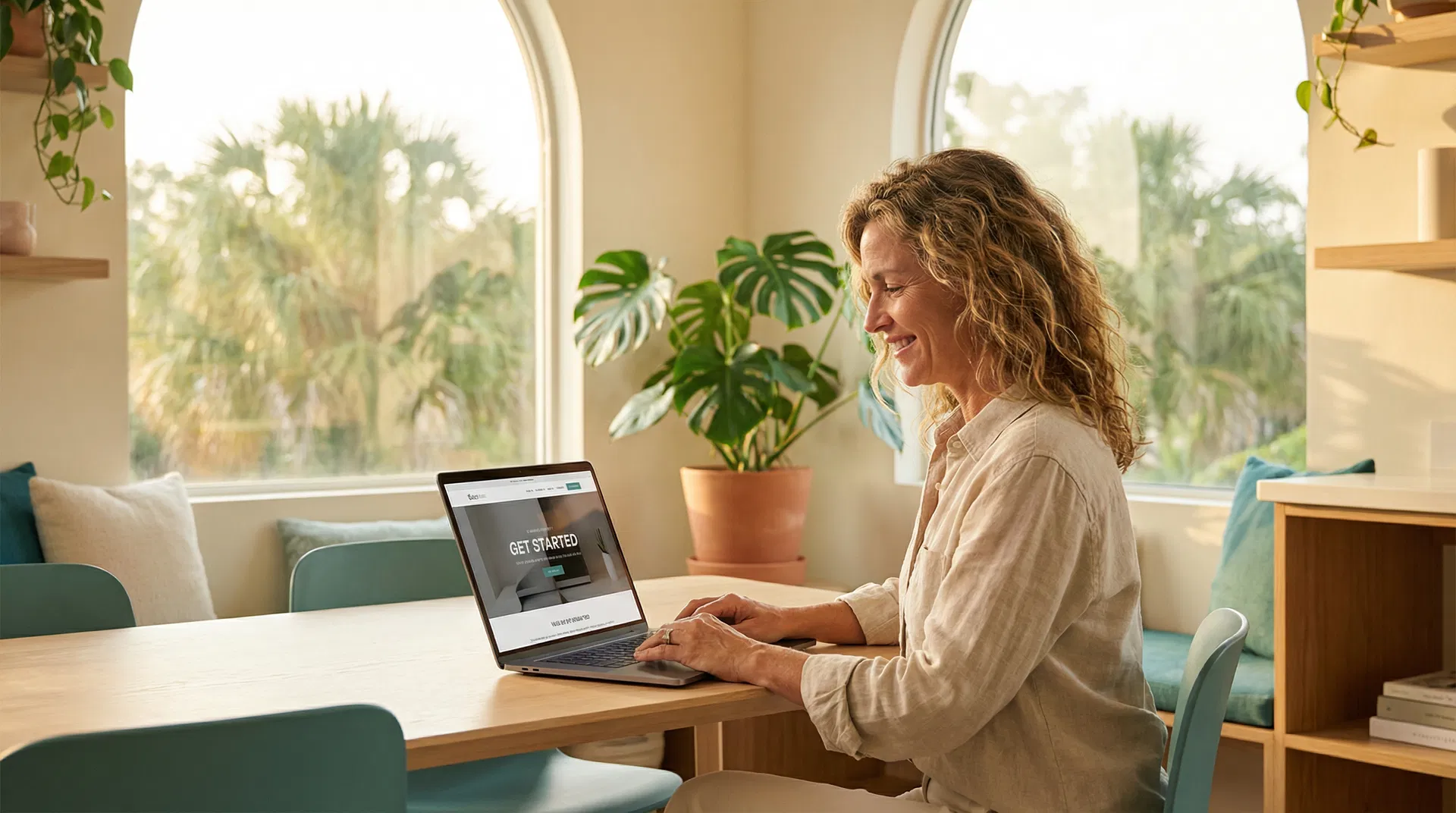 Small business owner reviewing website on laptop in bright Florida office with palm trees visible through window