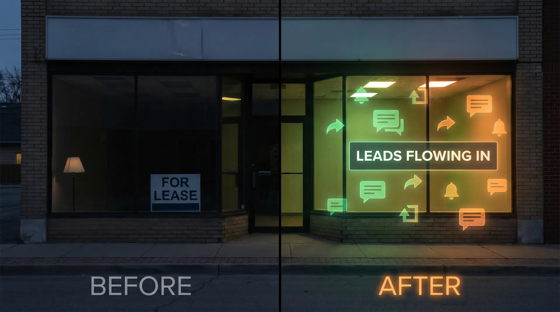 Split-screen editorial graphic showing a website analytics dashboard on the left and a clean lead capture form on the right, representing website conversion optimization