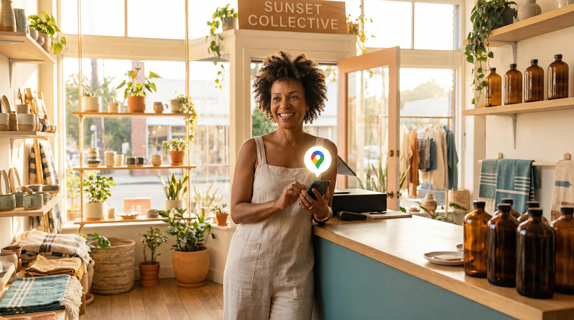 Small business owner checking Google Maps ranking on smartphone in a warm boutique shop
