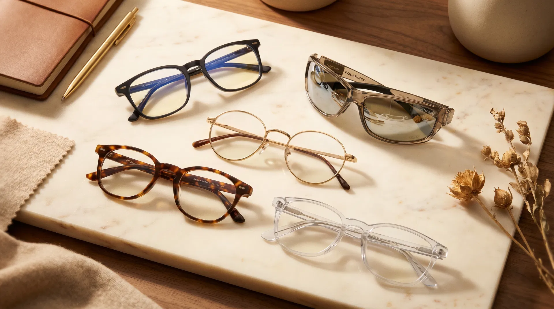 Five pairs of purpose-specific designer eyeglasses arranged on a marble surface — computer glasses, driving sunglasses, reading glasses, everyday frames, and shower glasses