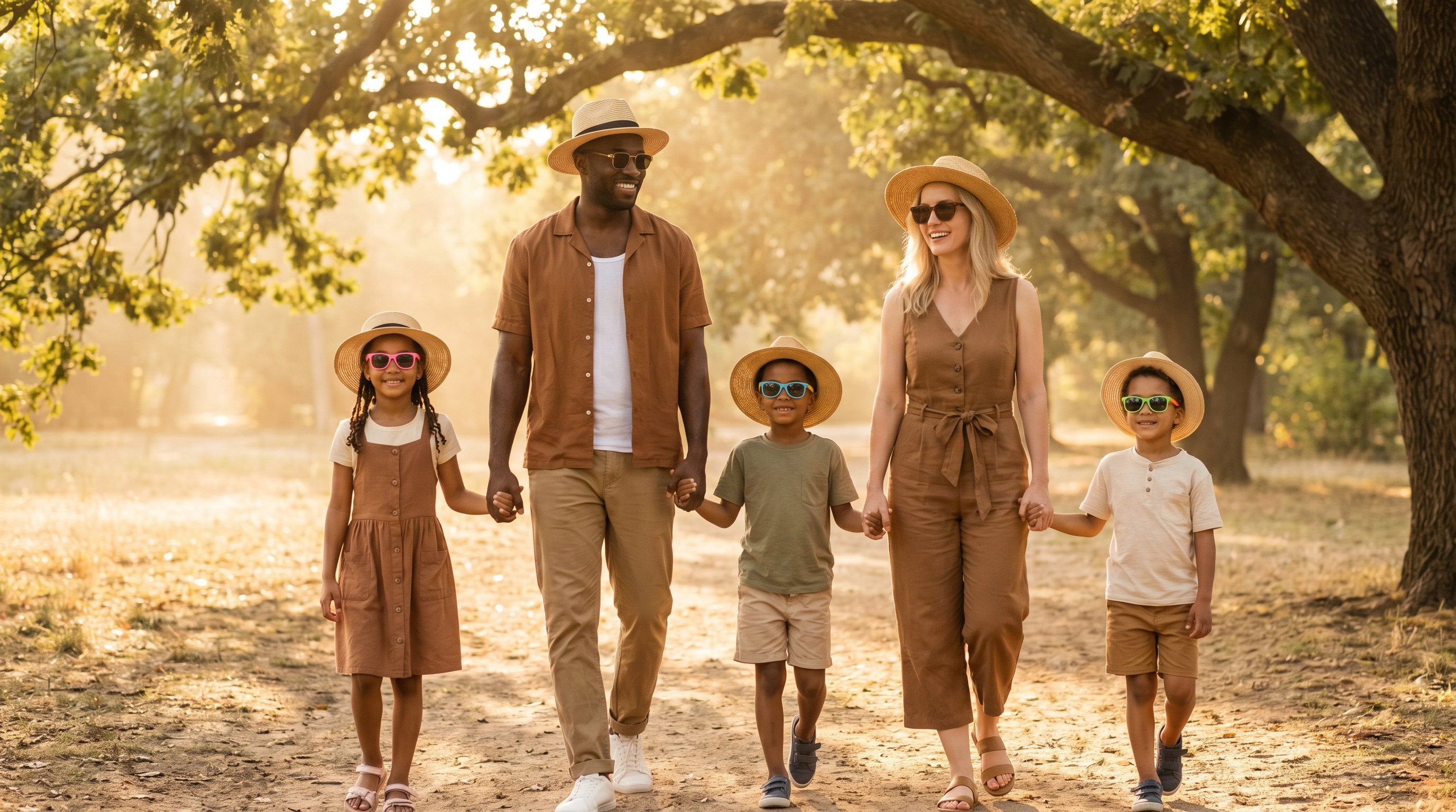 Family wearing stylish sunglasses and sun hats walking together on a sunny summer path — protecting eyes at every age with proper UV eyewear