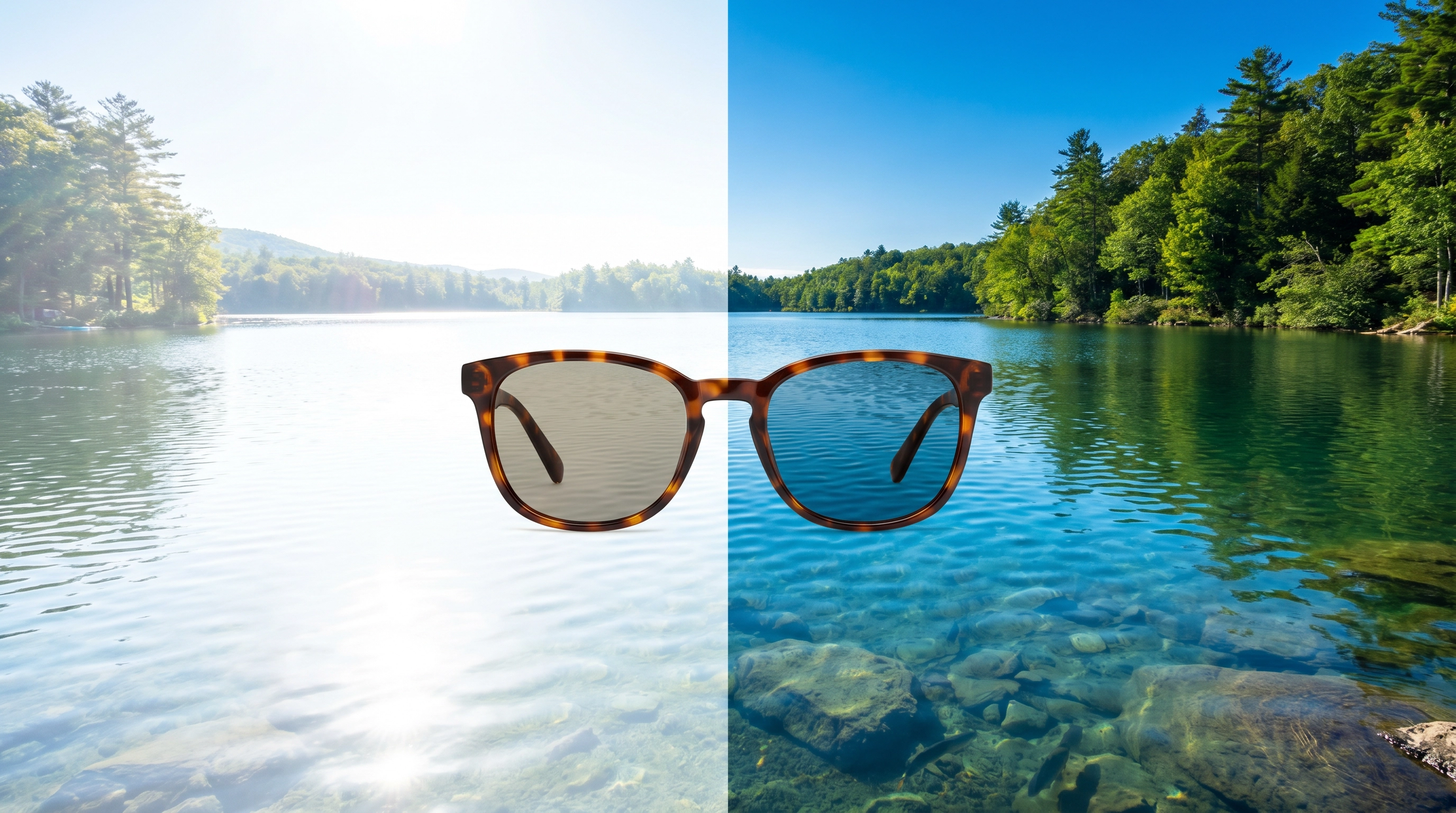 Split-view comparison showing a bright lake scene with harsh glare on the left and the same scene through polarized lenses on the right — crisp, clear, glare-free