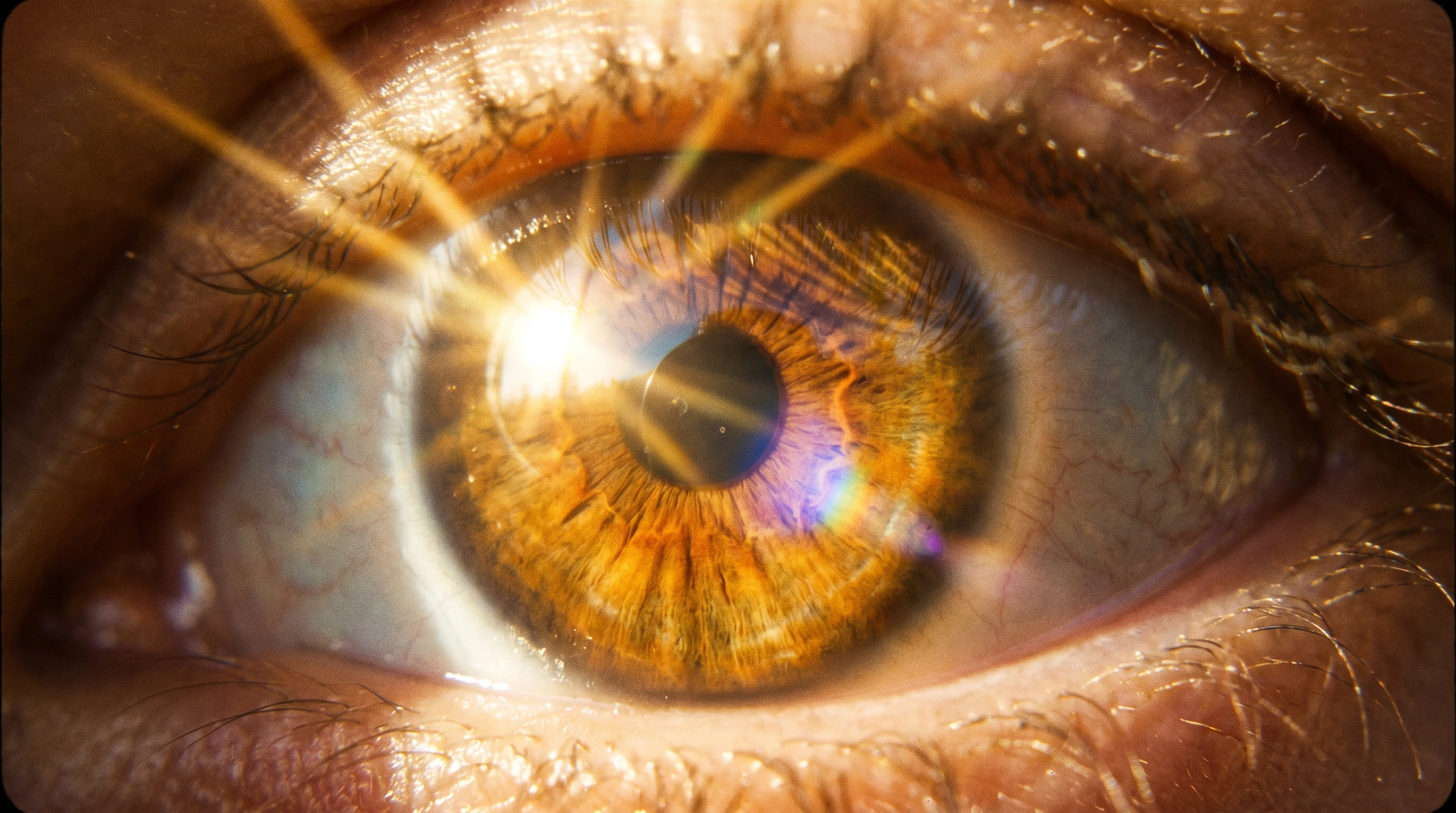 Dramatic close-up of a human eye reflecting bright sunlight with golden light rays — illustrating UV radiation reaching the unprotected eye