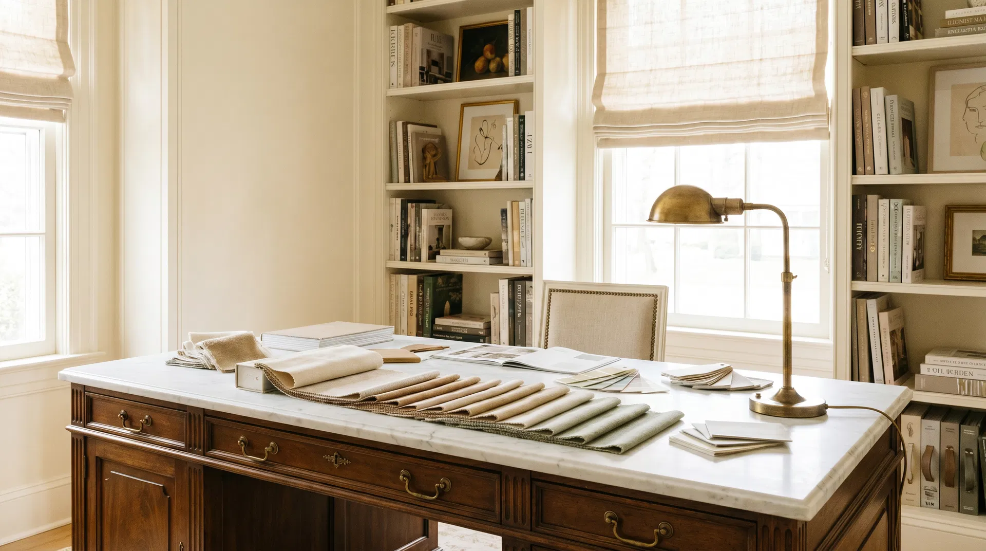 Design studio workspace with fabric swatches and materials