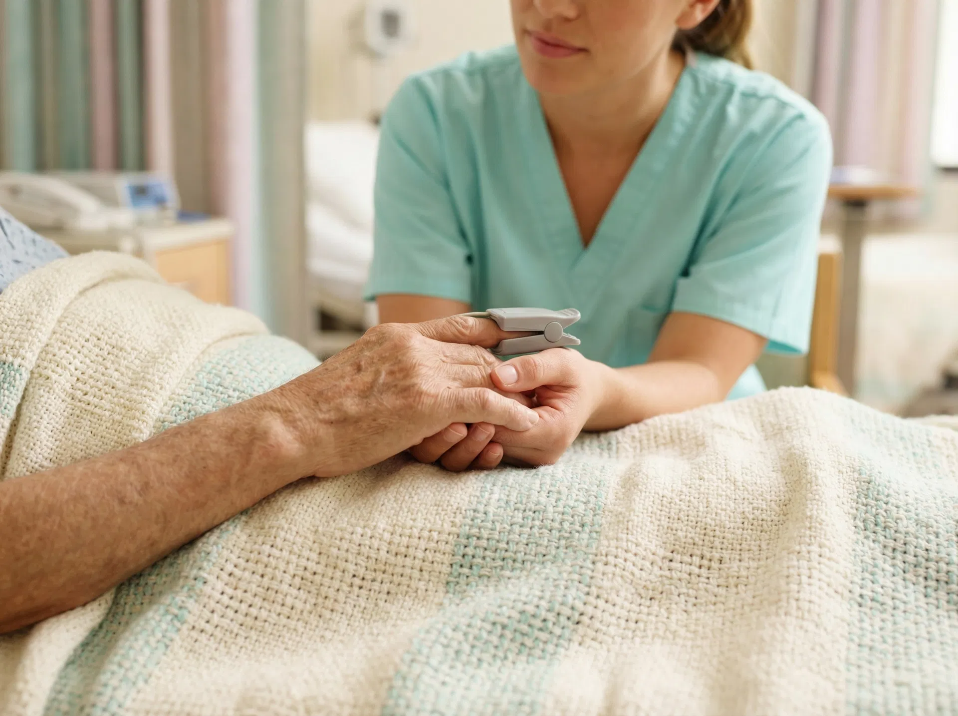 A nurse gently holding a patient's hand during complex care at home