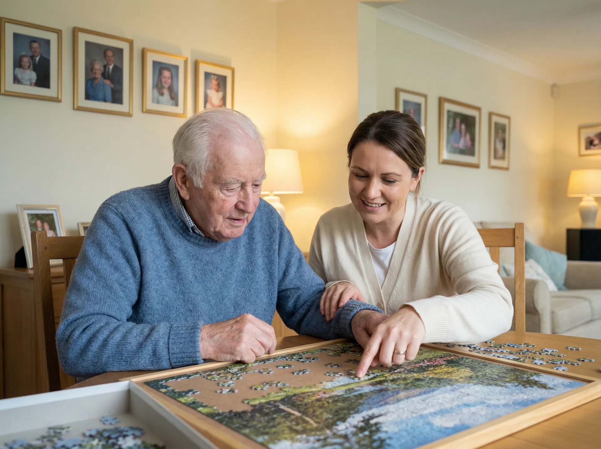 A carer helping an elderly man with a jigsaw puzzle as part of dementia care at home