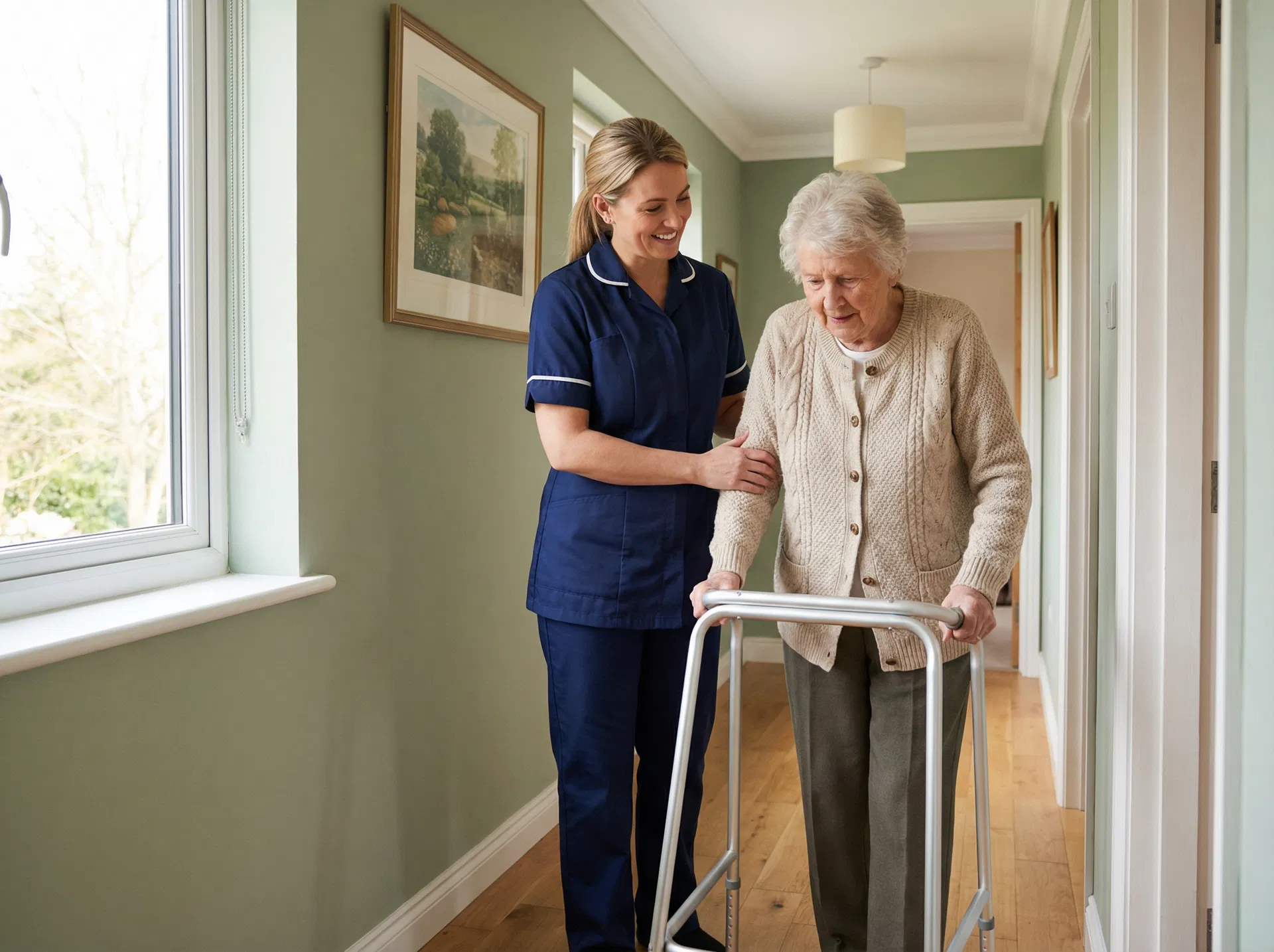 A care assistant helping an elderly woman practice walking at home after hospital discharge