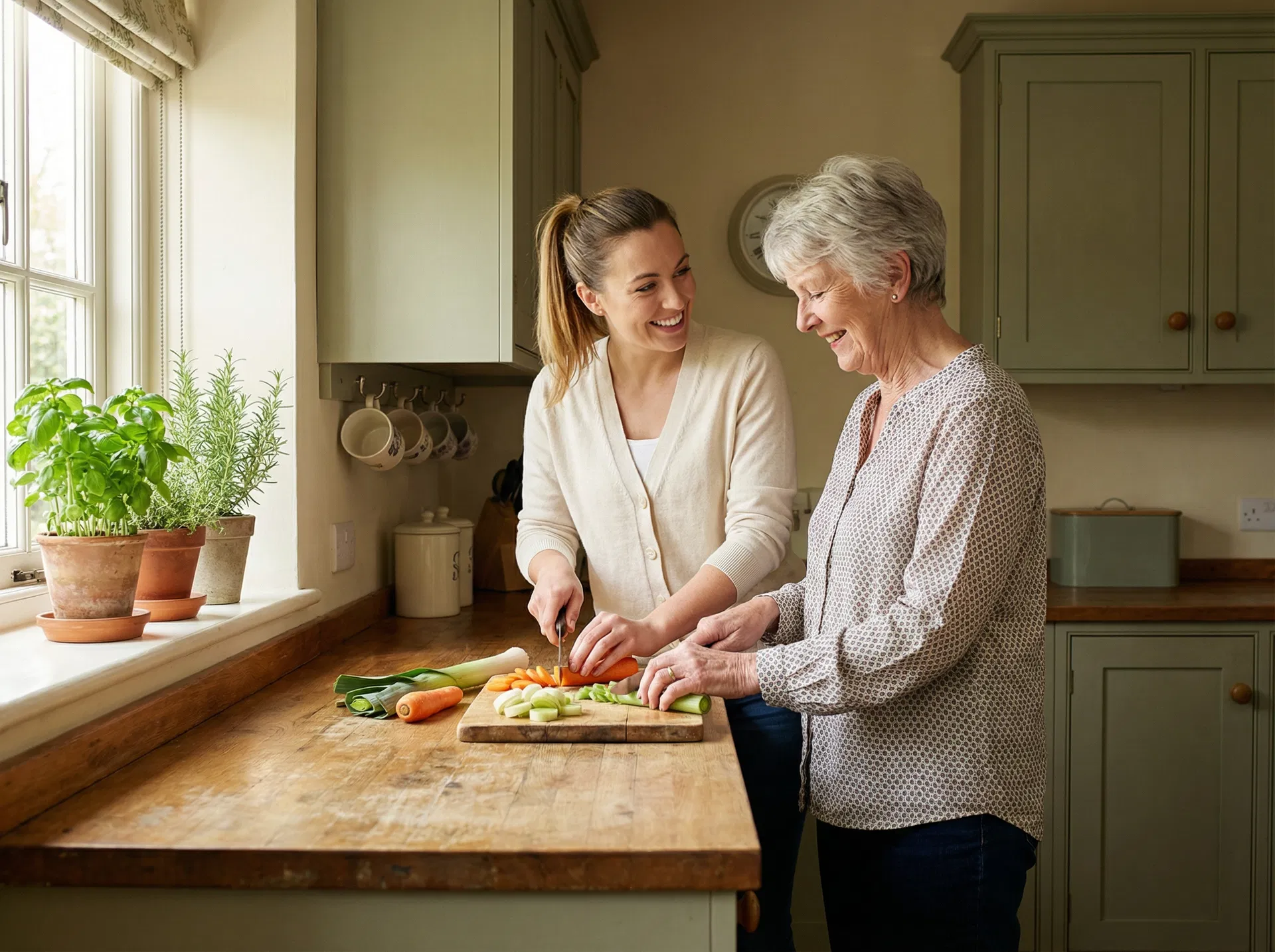 A live-in carer helping an elderly woman prepare a meal in a cozy kitchen
