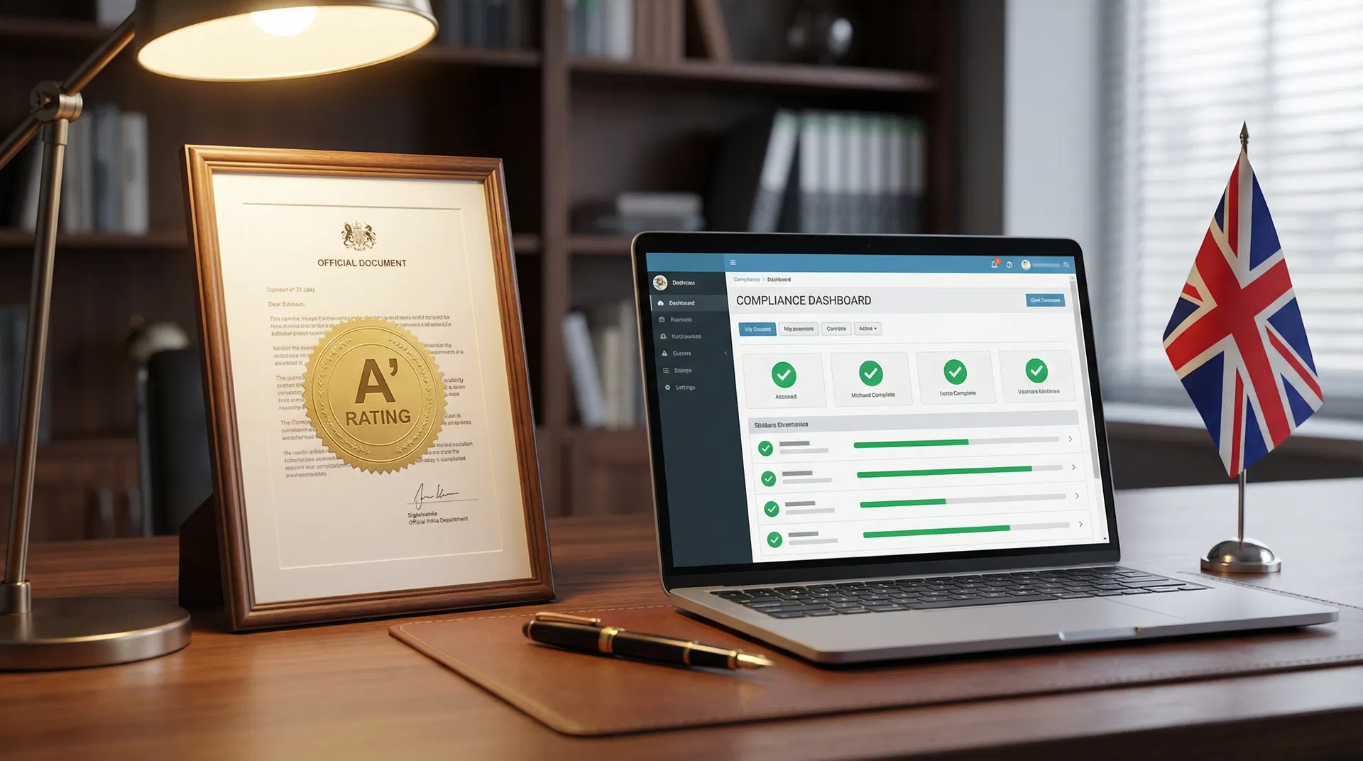 A-Rated Sponsor Licence certificate alongside the DHS Compliance Dashboard