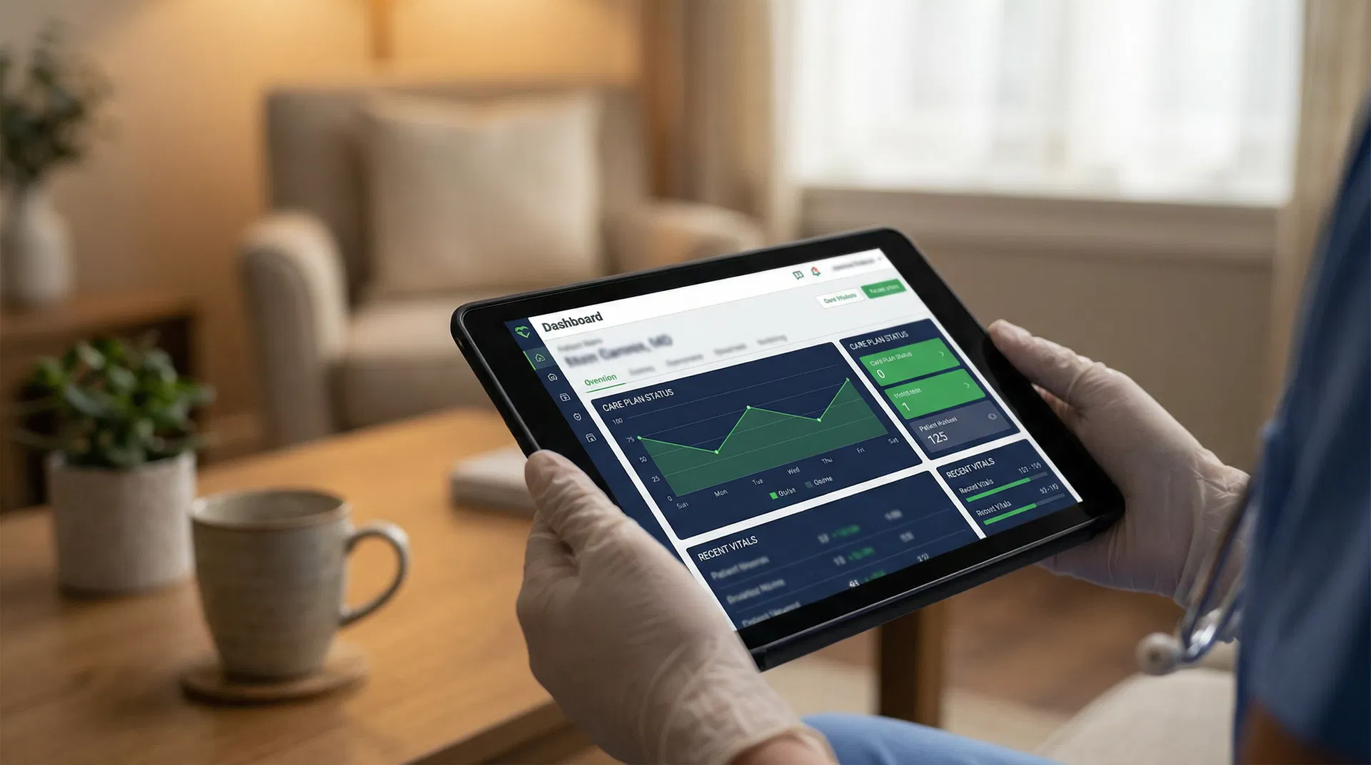 A care professional reviewing Maria's digital care plan on a tablet at home