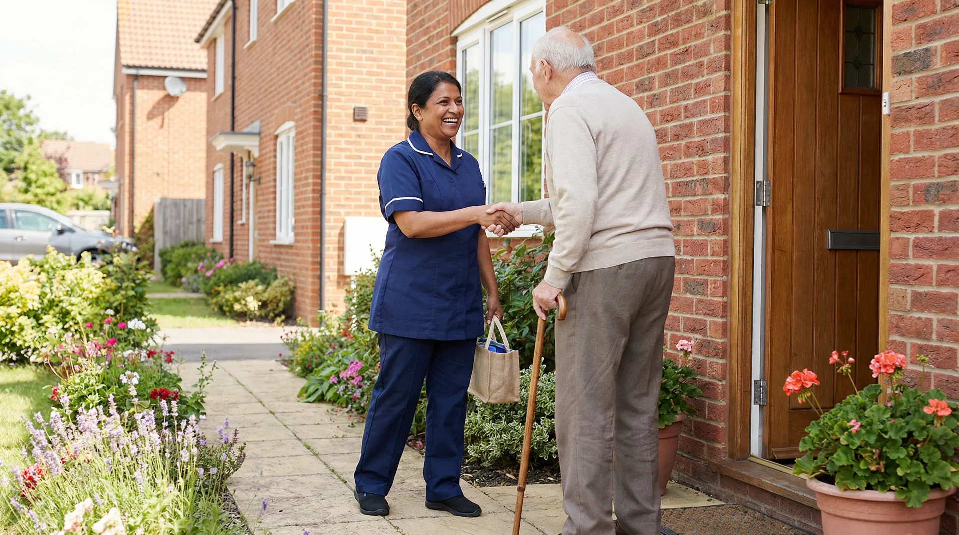 Visiting carer greeting client