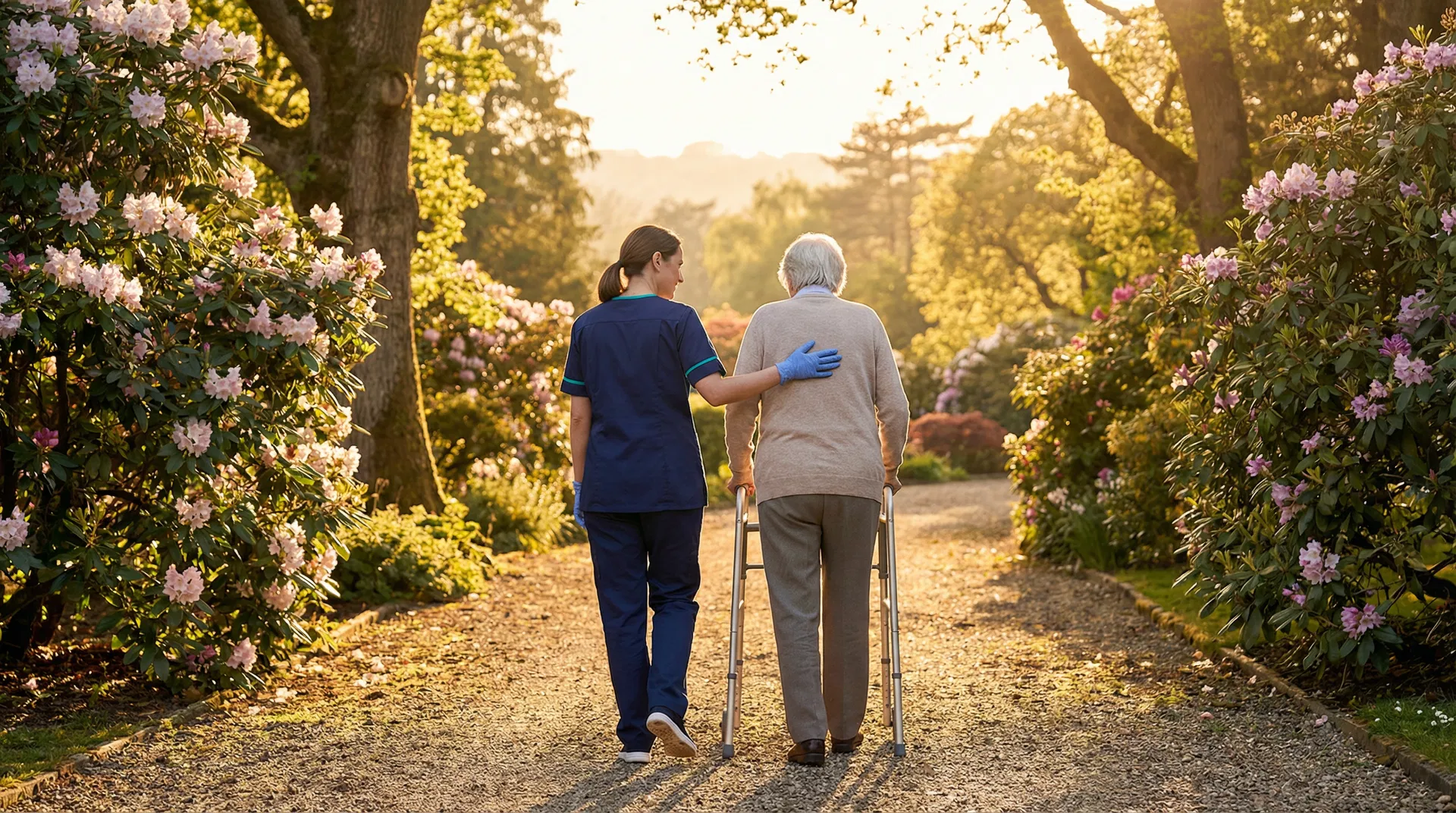 The Divine Standard — nurse walking with elderly client