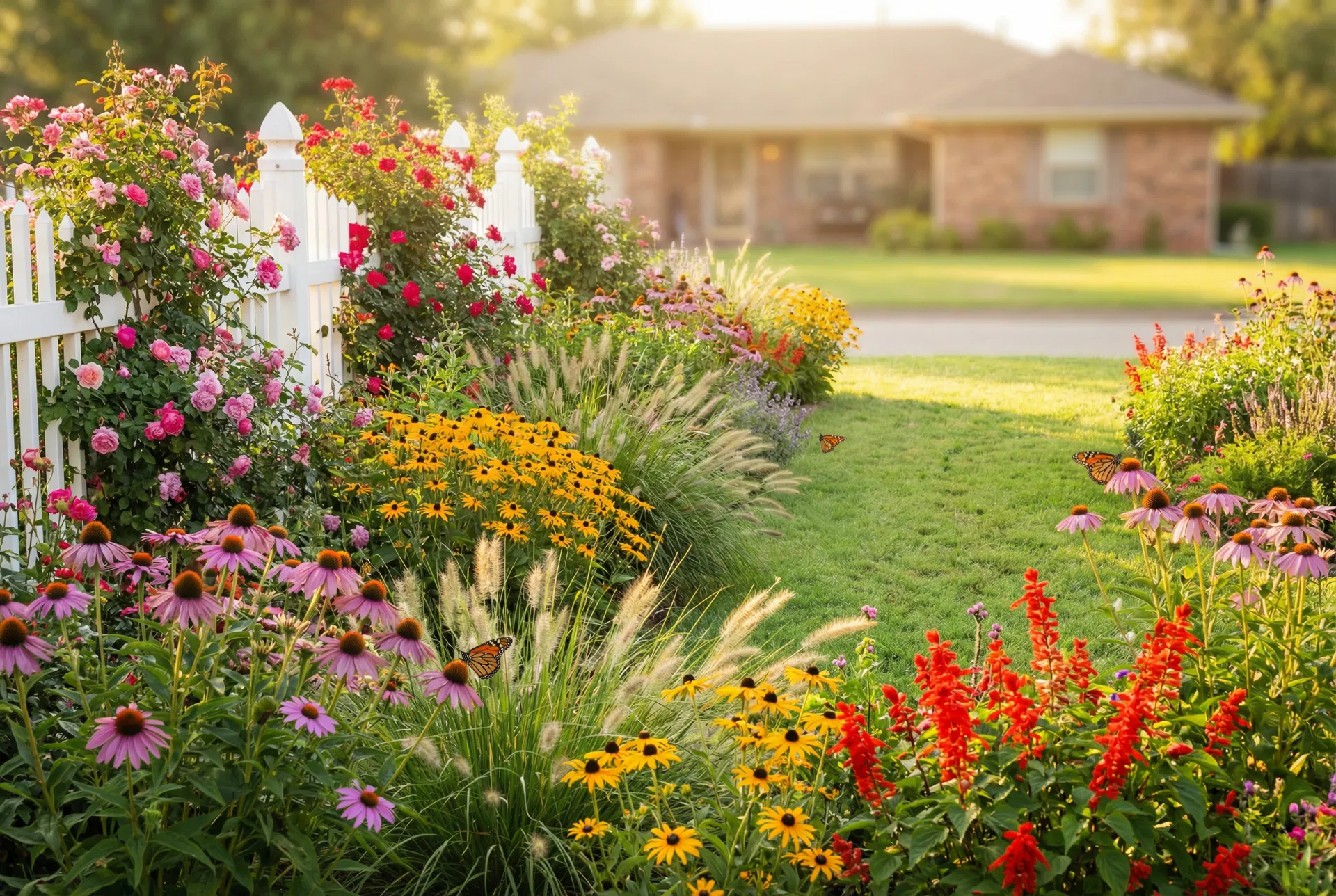 Beautiful Oklahoma garden with coneflowers, black-eyed Susans, climbing roses and monarch butterflies