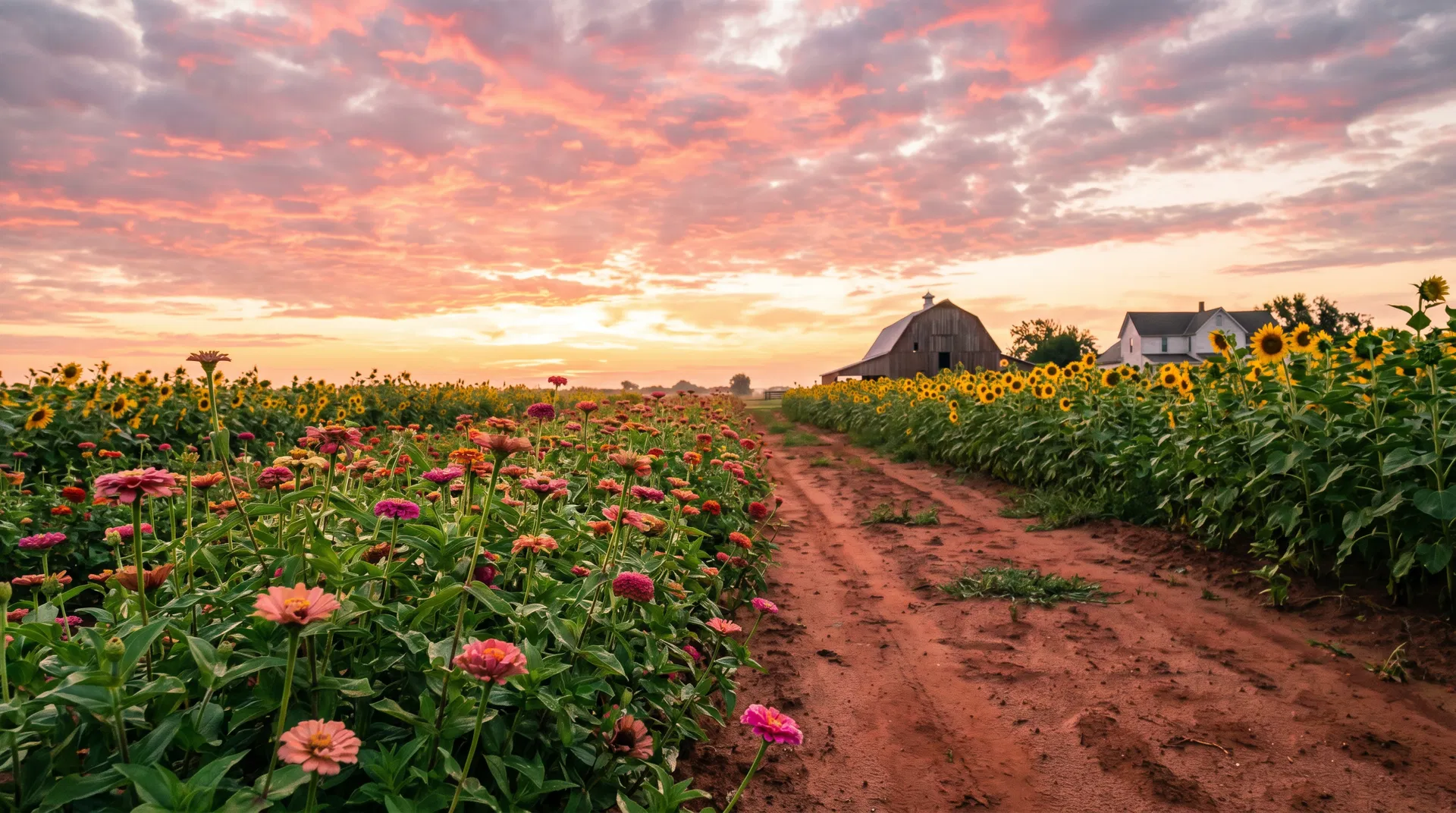 Vibrant flower field with zinnias and sunflowers under a colorful sunset sky, dirt path leading to a rustic barn, representing the organic flower farming at Red Dirt Blooms in Oklahoma.
