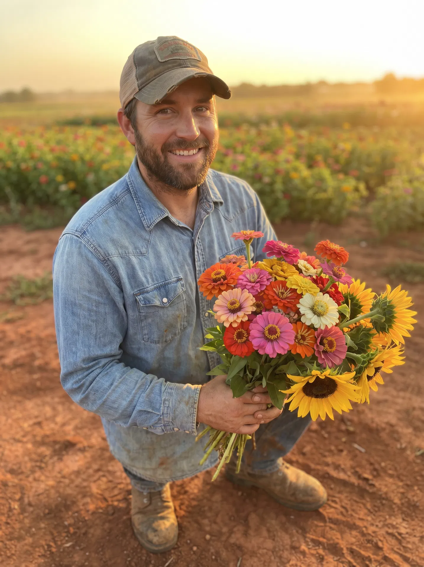 Man holding a vibrant bouquet of locally grown flowers, including zinnias and sunflowers, in a sunlit Oklahoma farm setting, embodying the values of Red Dirt Blooms, an organic flower farm.